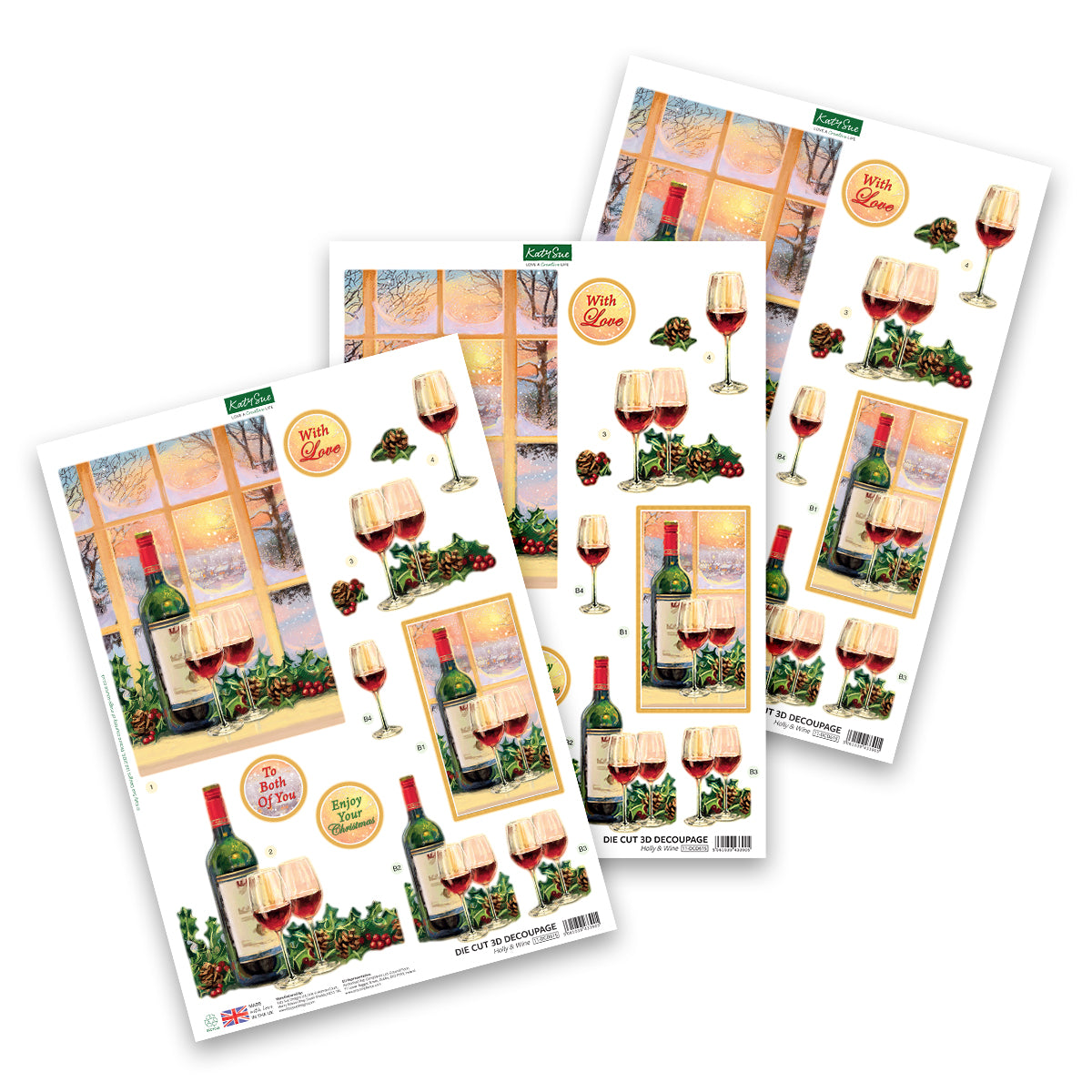 Katy Sue Designs Die Cut Decoupage – Holly & Wine (pack of 3)