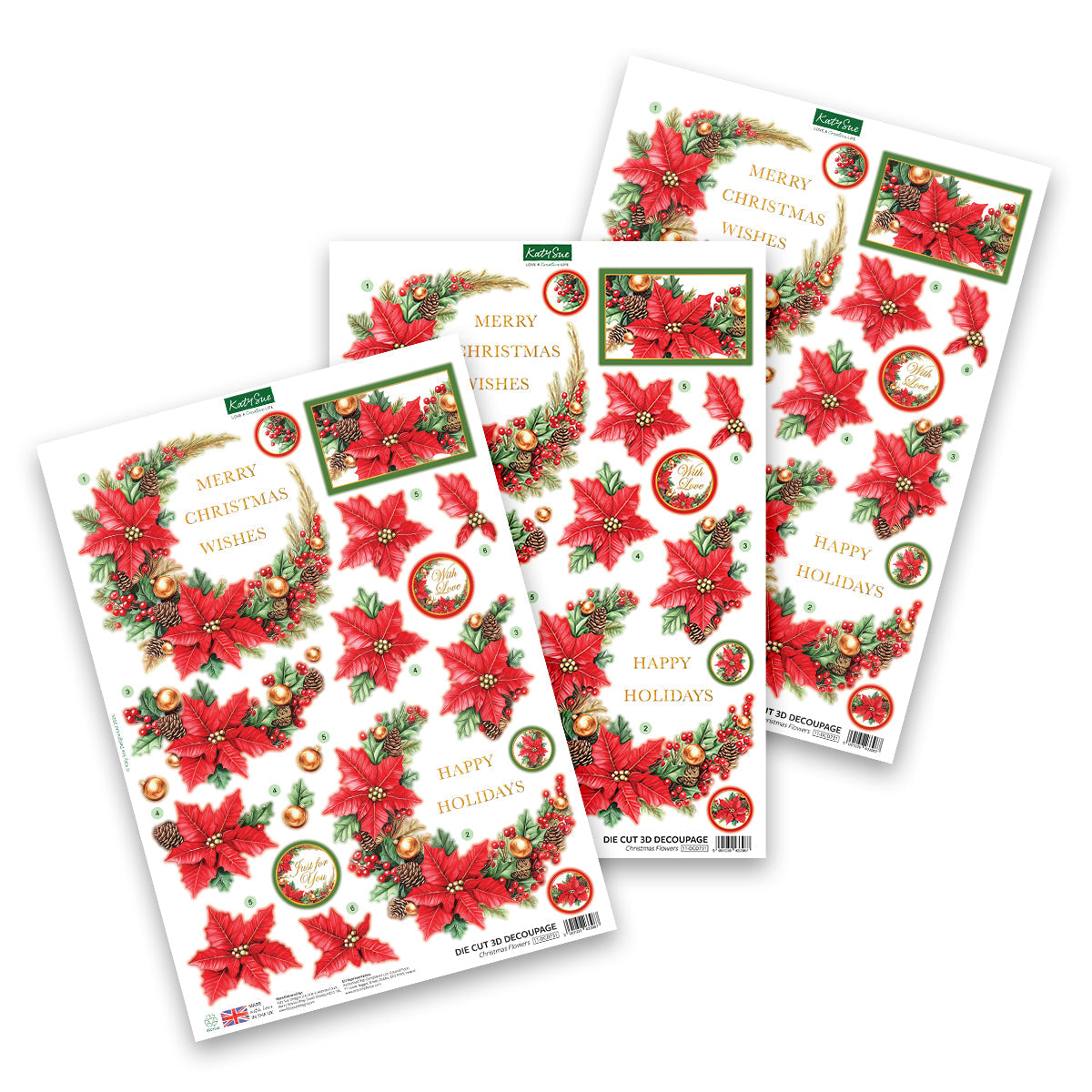 Katy Sue Designs Die Cut Decoupage – Christmas Flowers (pack of 3)