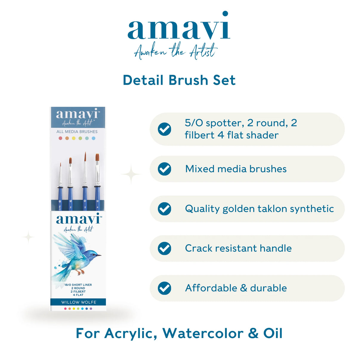 Willow Wolfe - Amavi® Mixed Media Golden Taklon Brushes Set #3