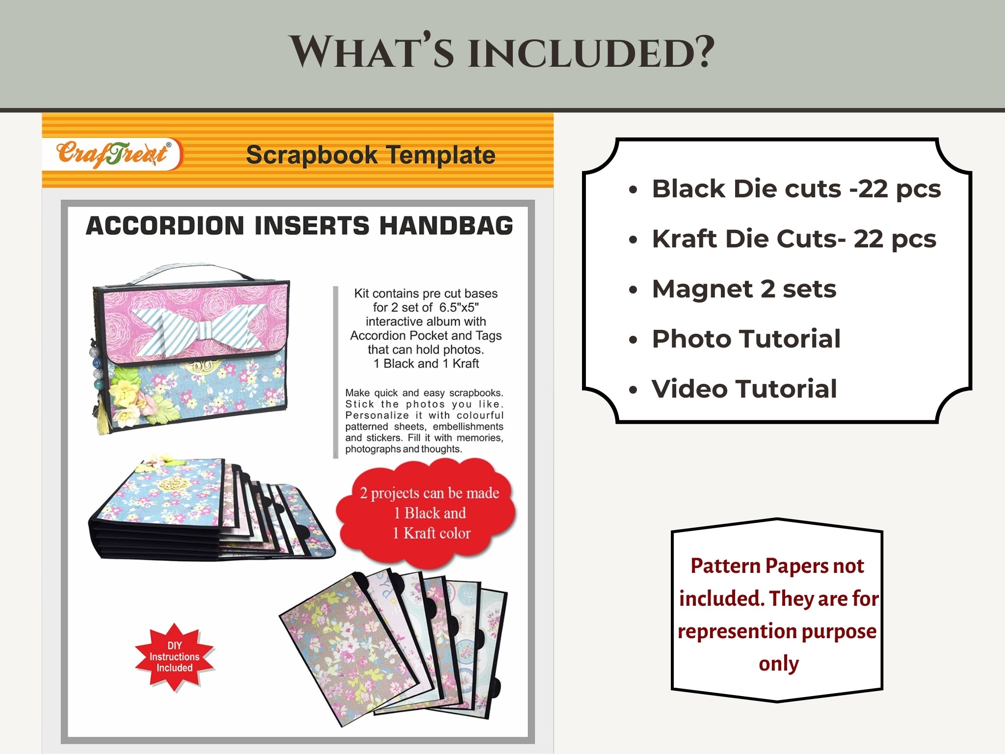 CrafTreat Scrapbook Blanks - Accordion Inserts Handbag - Black & Kraft Color