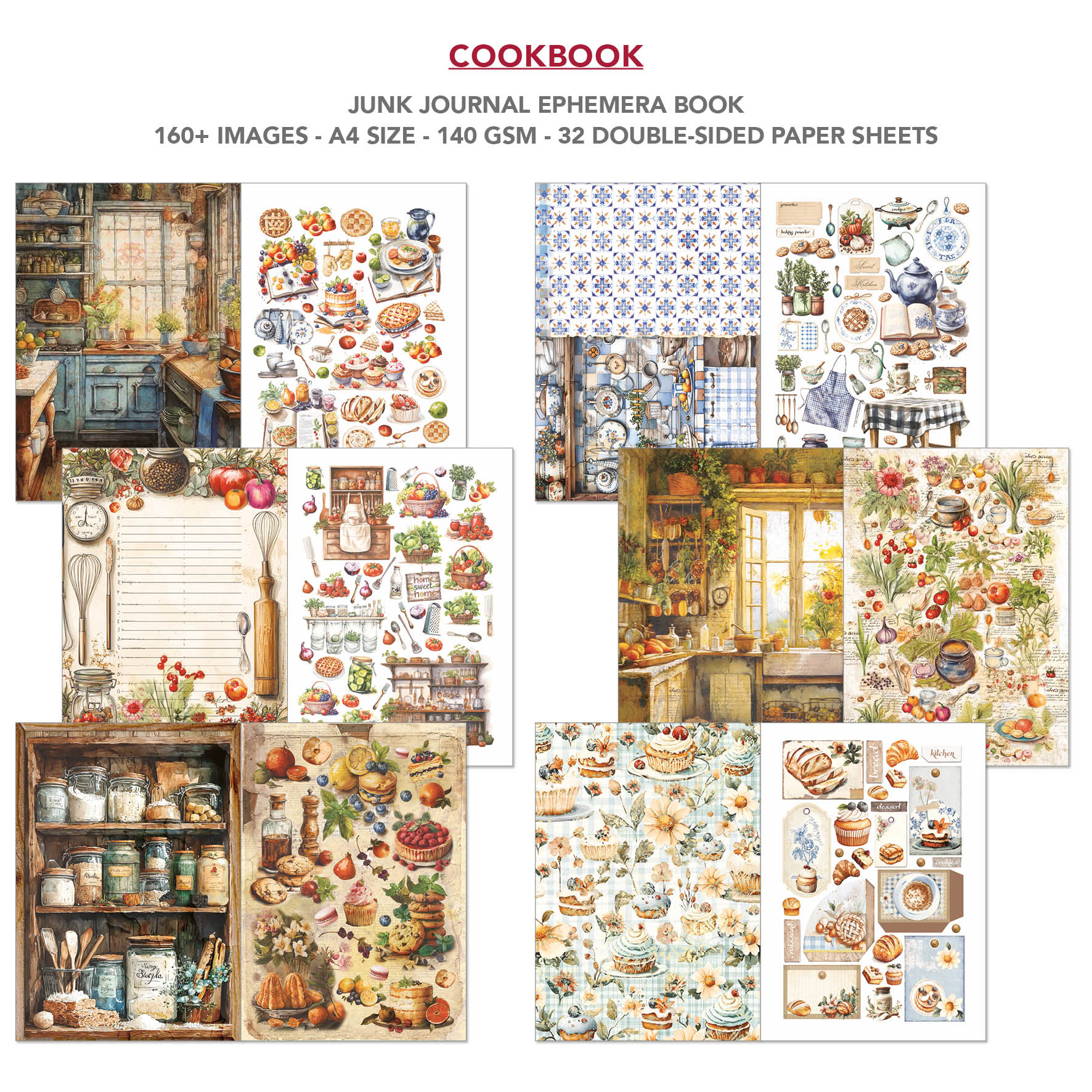 Cookbook Junk Journal & Ephemera Book A4 32/Pkg