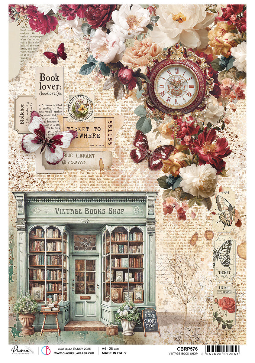 Book Lovers Rice Paper A4 Vintage Book Shop - 5 Sheets