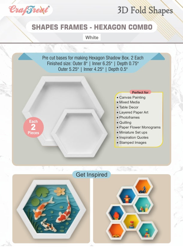 CrafTreat 3D Fold Shapes - Frames White - Hexagon Combo 4pcs