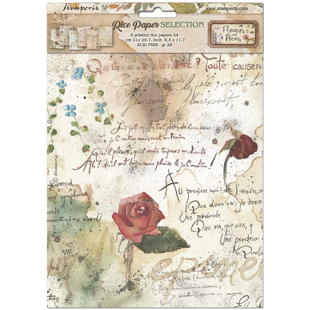Printed 6 Rice Paper A4 Selection For Art And Craft - Flowers And Poems