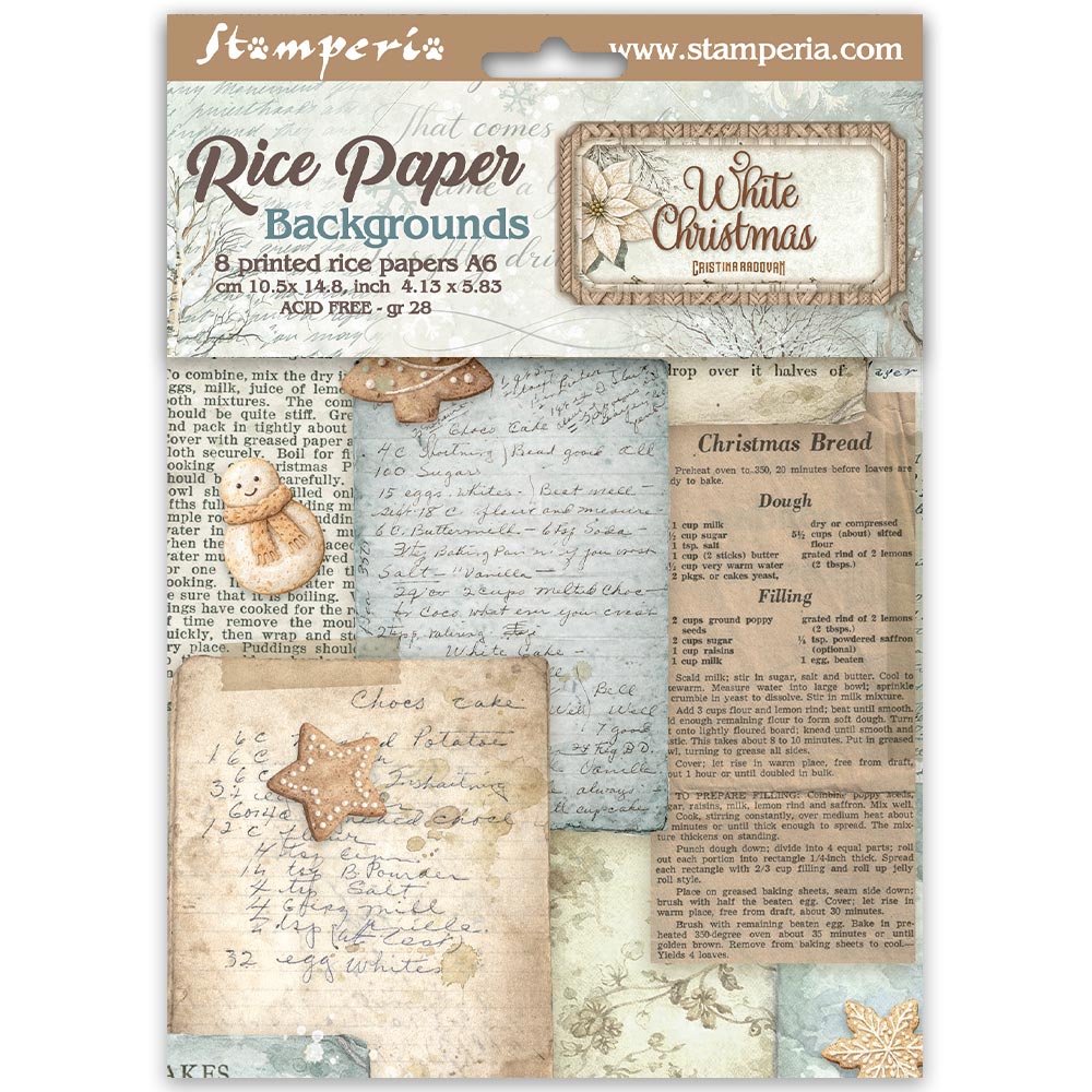 Printed 8 Rice Paper A6 Backgrounds Selection For Art And Craft - White Christmas