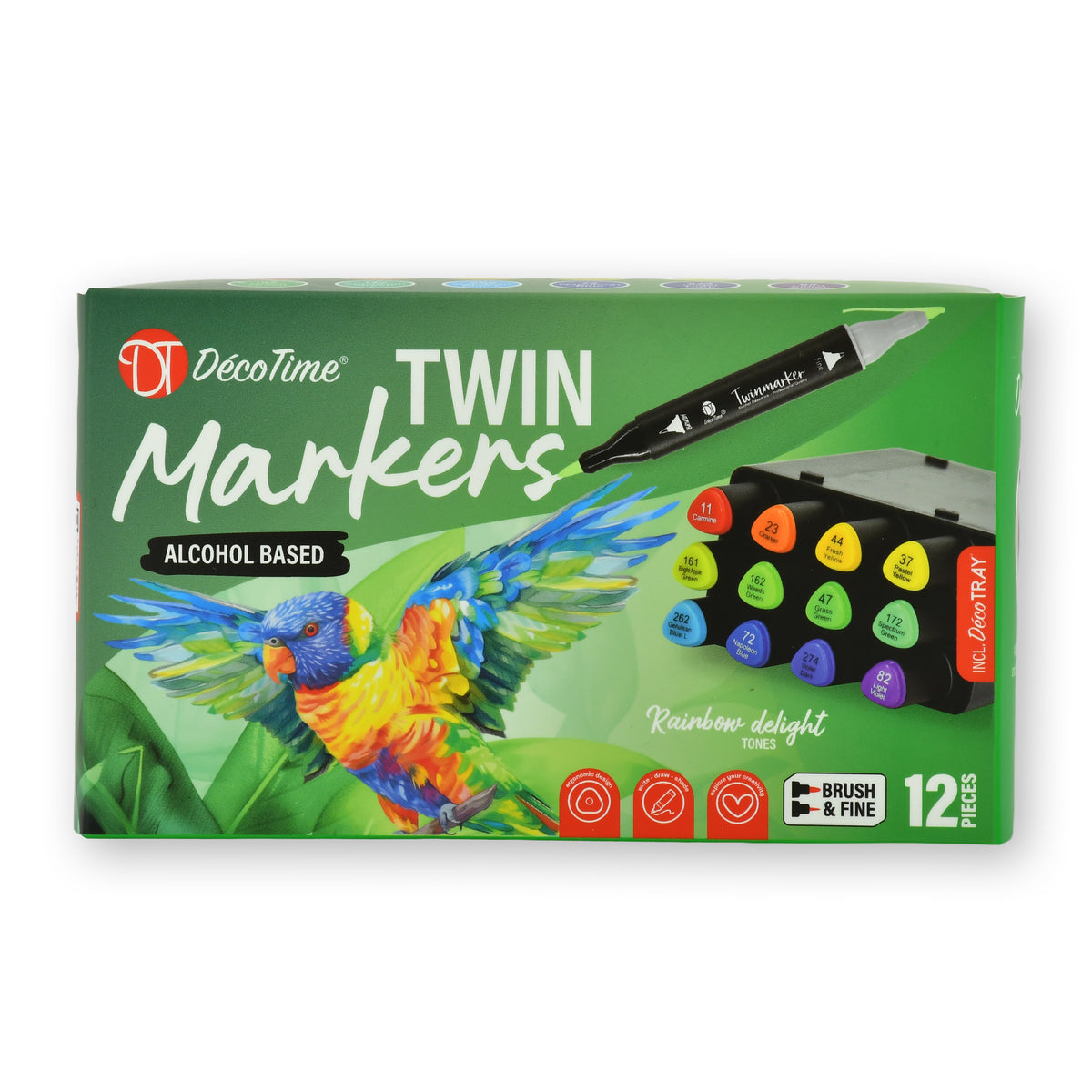 Decotime Alcohol Twin Markers - Rainbow Delight Tones - Brush & Fine Tip - incl. Decotray - 12 Pieces