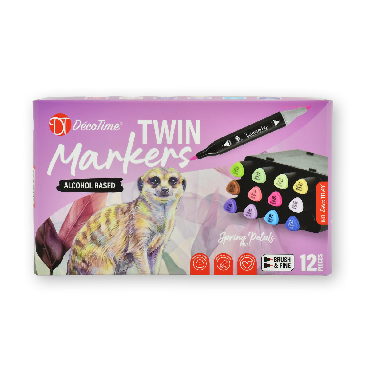 Decotime Alcohol Twin Markers - Spring Petals Tones - Brush & Fine Tip - incl. Decotray - 12 Pieces