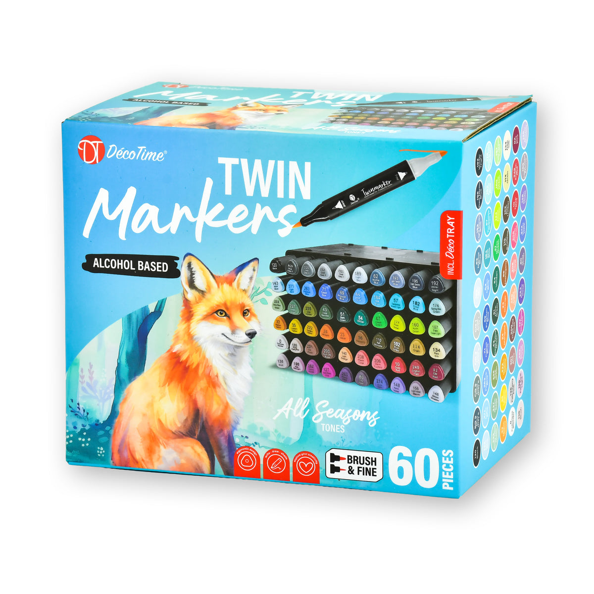 Decotime Alcohol Twin Markers - All Seasons - Brush & Fine Tip - incl. Decotray - 60 Pieces
