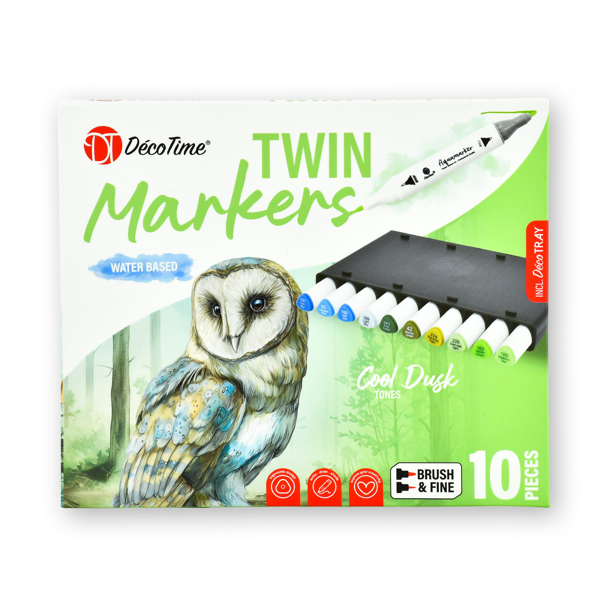 Decotime Aqua Twin Markers - Cool Dusk Tones - Brush & Fine Tip - incl. Decotray - 10 Pieces