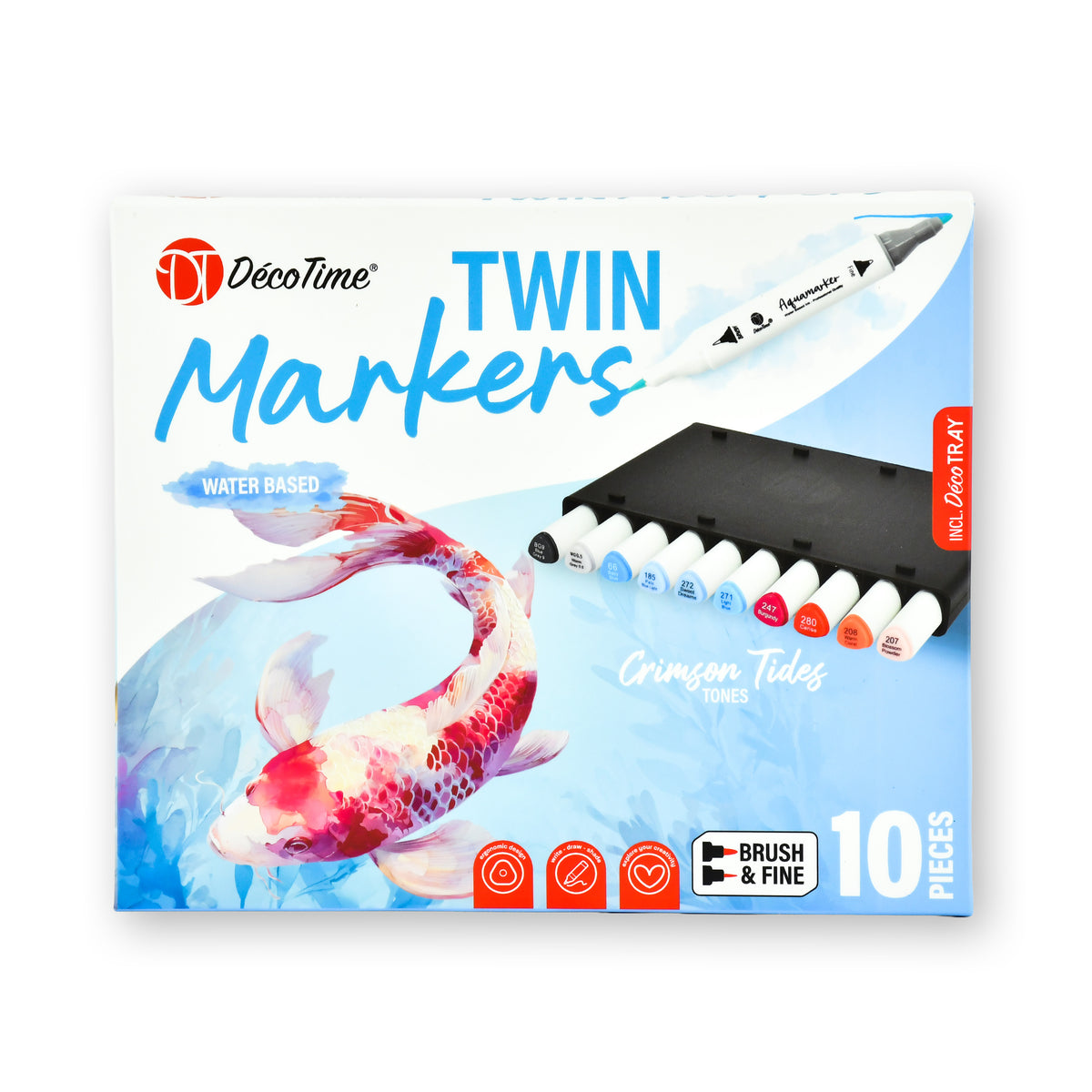 Decotime Aqua Twin Markers - Crimson Tides Tones - Brush & Fine Tip - incl. Decotray - 10 Pieces