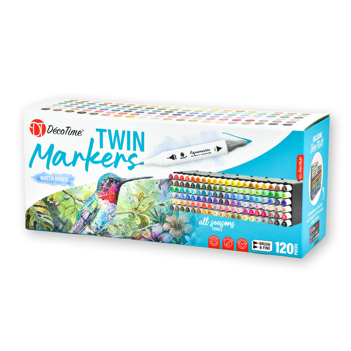 Decotime Aqua Twin Markers - All Seasons - Brush & Fine Tip - incl. Decotray - 120 Pieces