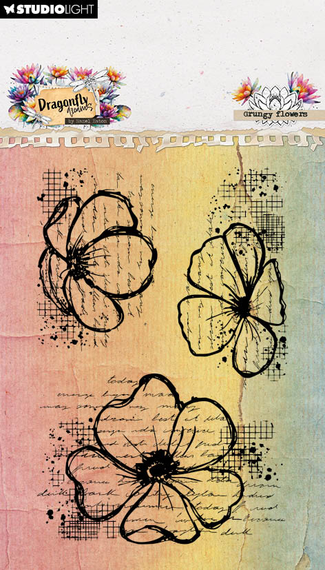 HE Clear Stamp Grungy Flowers Dragonfly Dreams 62x93x3mm 3 Pieces