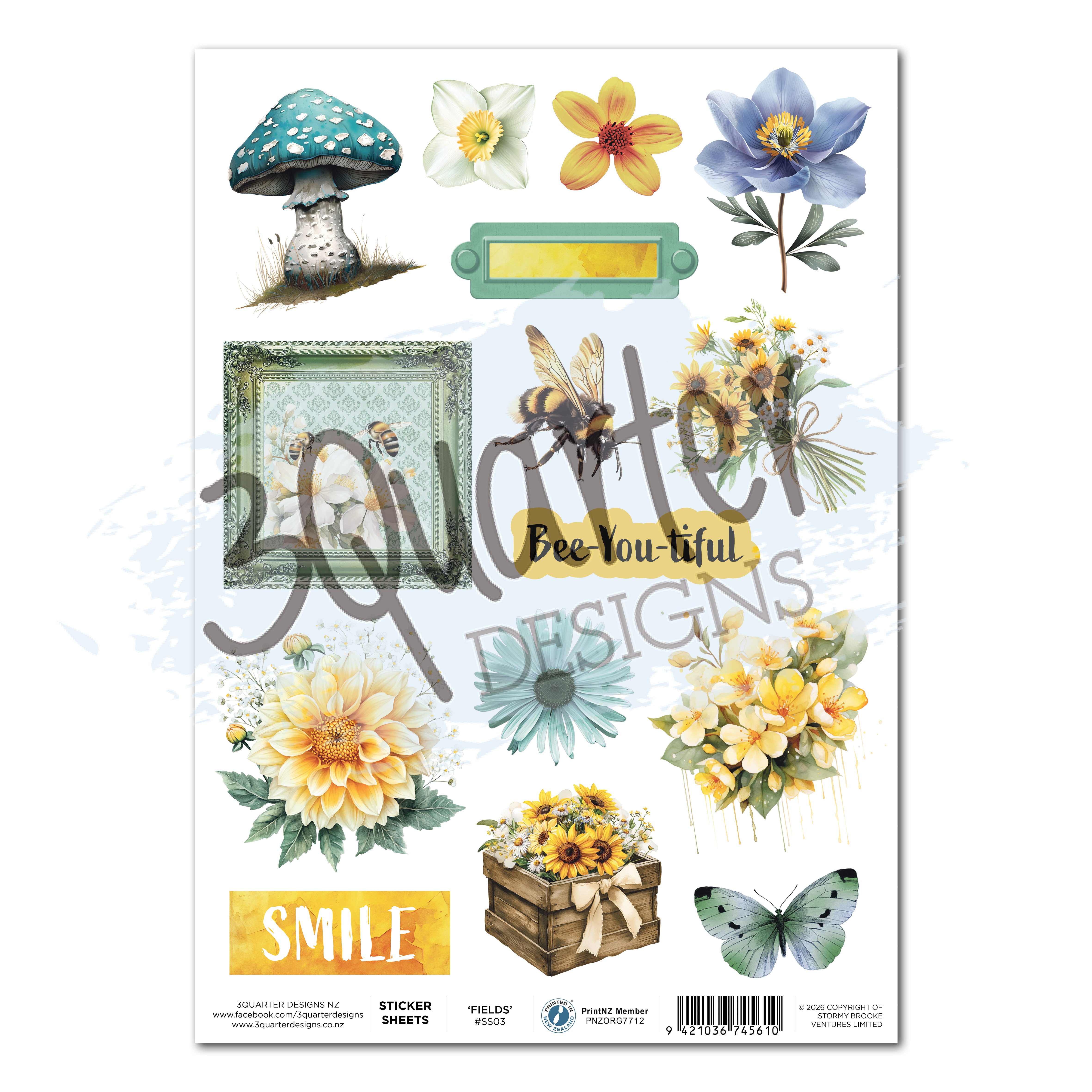 3Quarter Designs Honey Fields - A4 Sticker Sheet