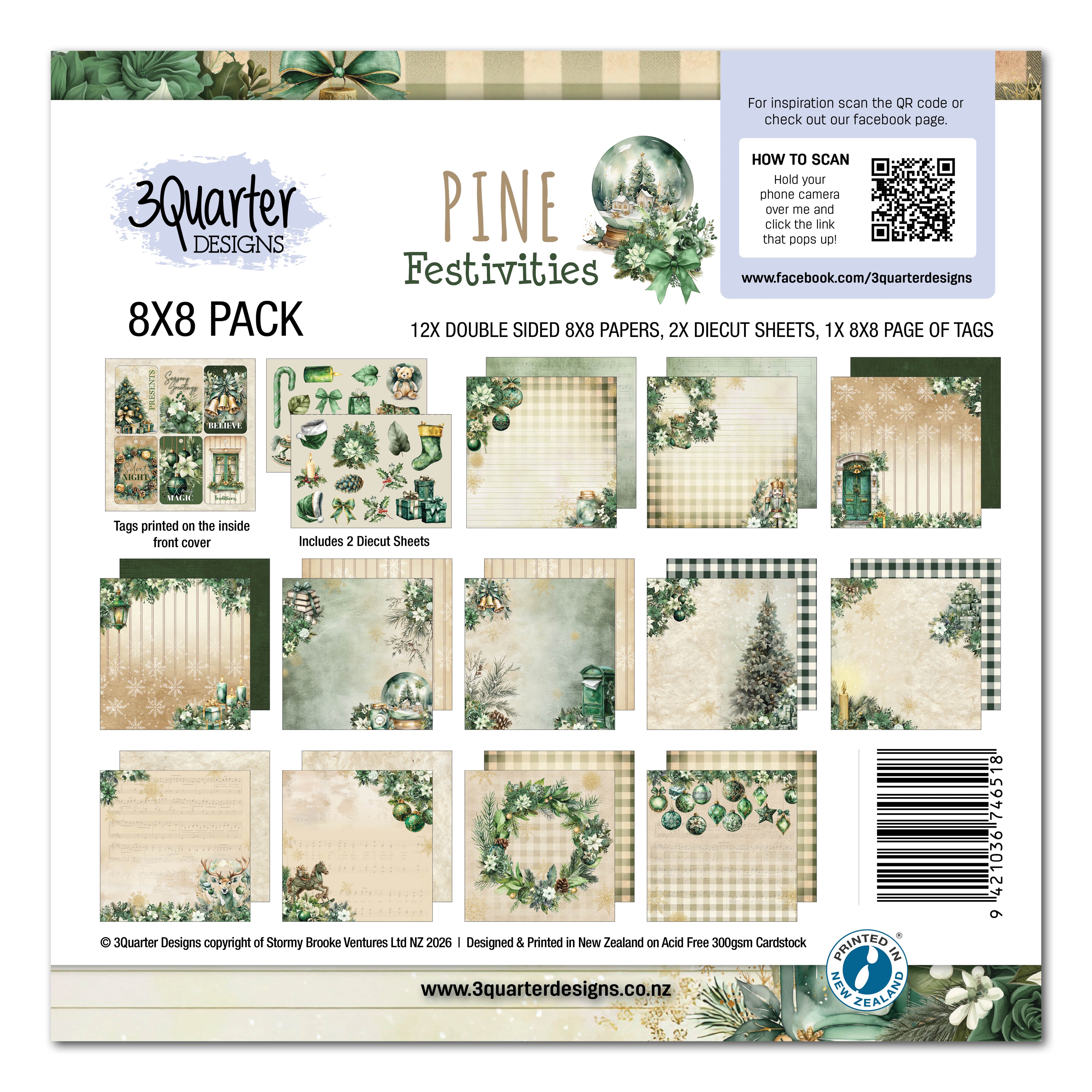 3Quarter Designs Pine Festivities 8x8 Paper Pack & Diecuts Set