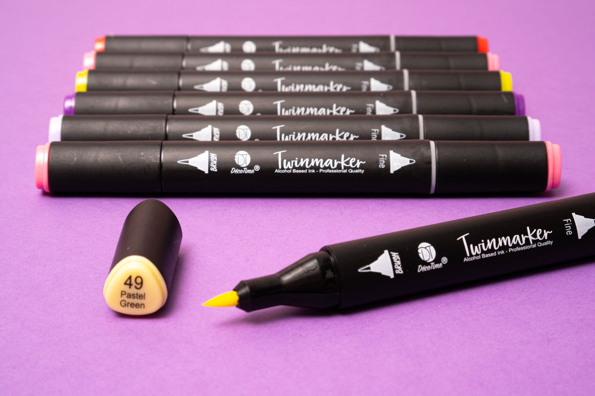 Decotime Alcohol Twin Markers - Seaside Forest Tones - Brush & Fine Tip - incl. Decotray - 12 Pieces