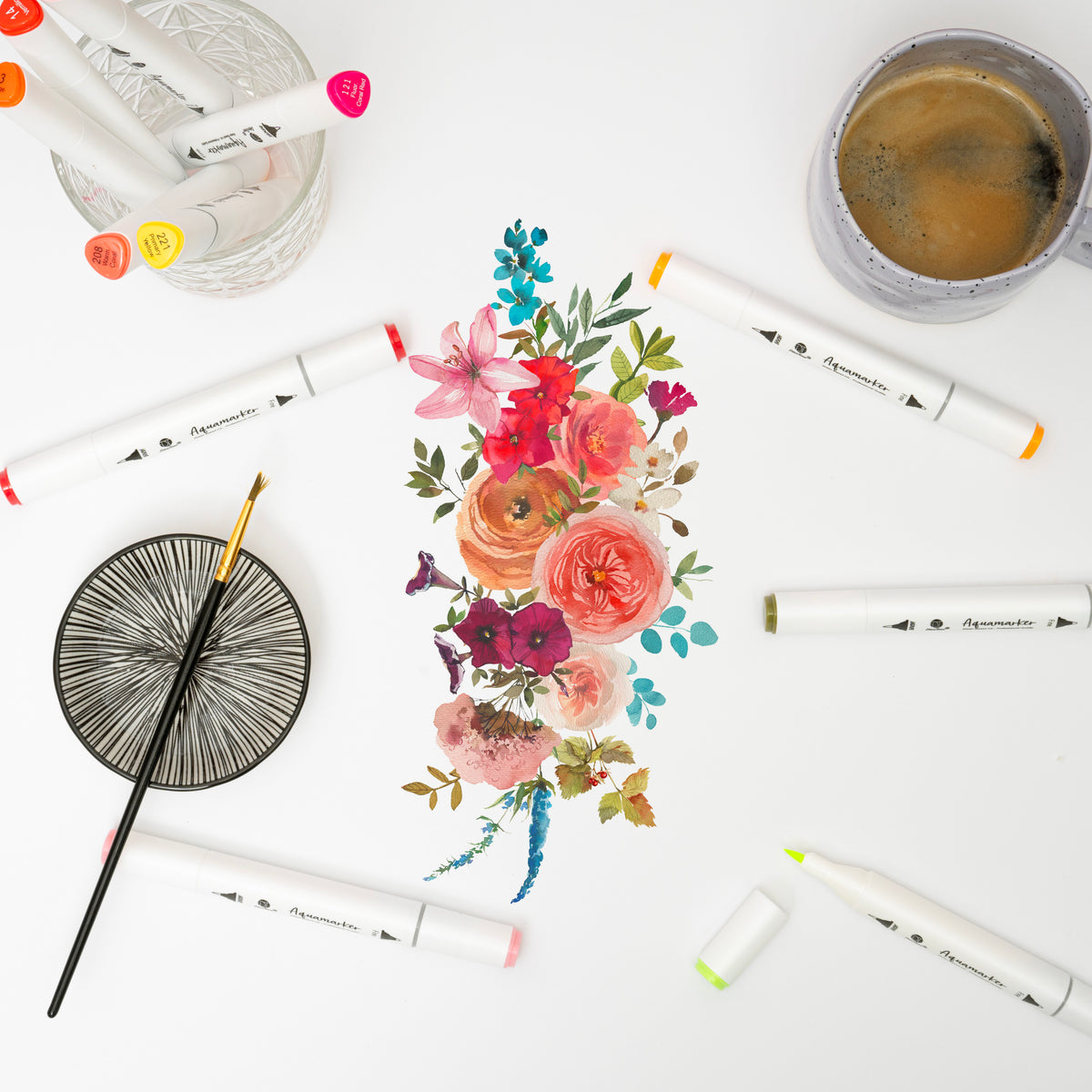 Decotime Aqua Twin Markers - Crimson Tides Tones - Brush & Fine Tip - incl. Decotray - 10 Pieces