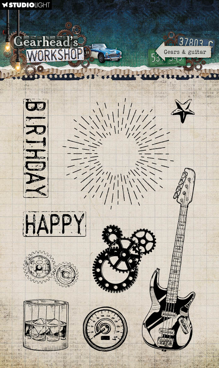 SL Clear Stamps Gears & Guitar Gearhead's Workshop 9 Pieces