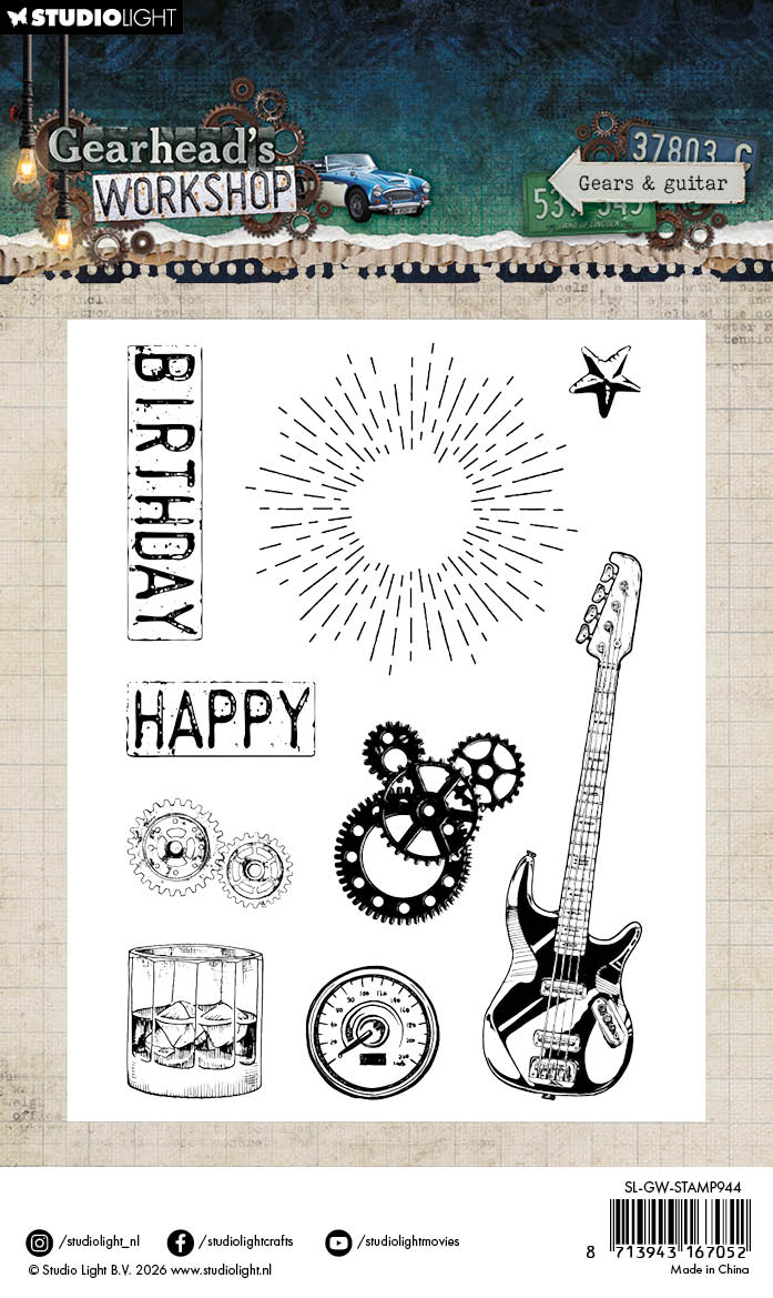 SL Clear Stamps Gears & Guitar Gearhead's Workshop 9 Pieces