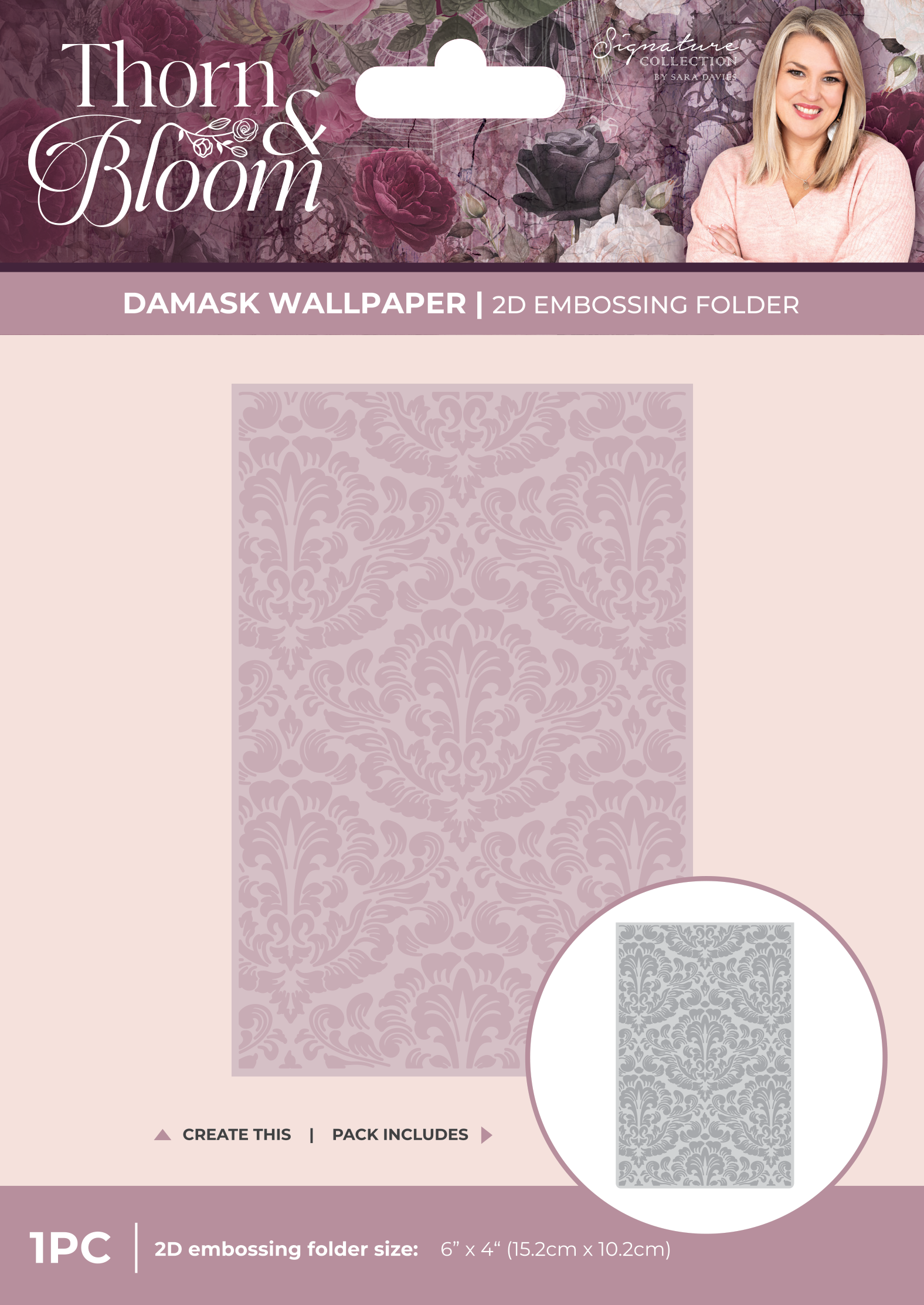Sara Signature Thorn & Bloom 6" x 4" 2D Embossing Folder - Damask Wallpaper