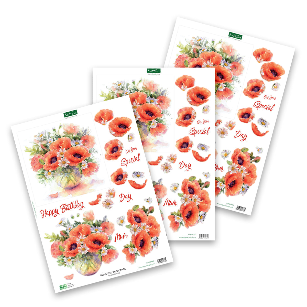 Die Cut Decoupage – Poppies In Vase (Pack Of 3)