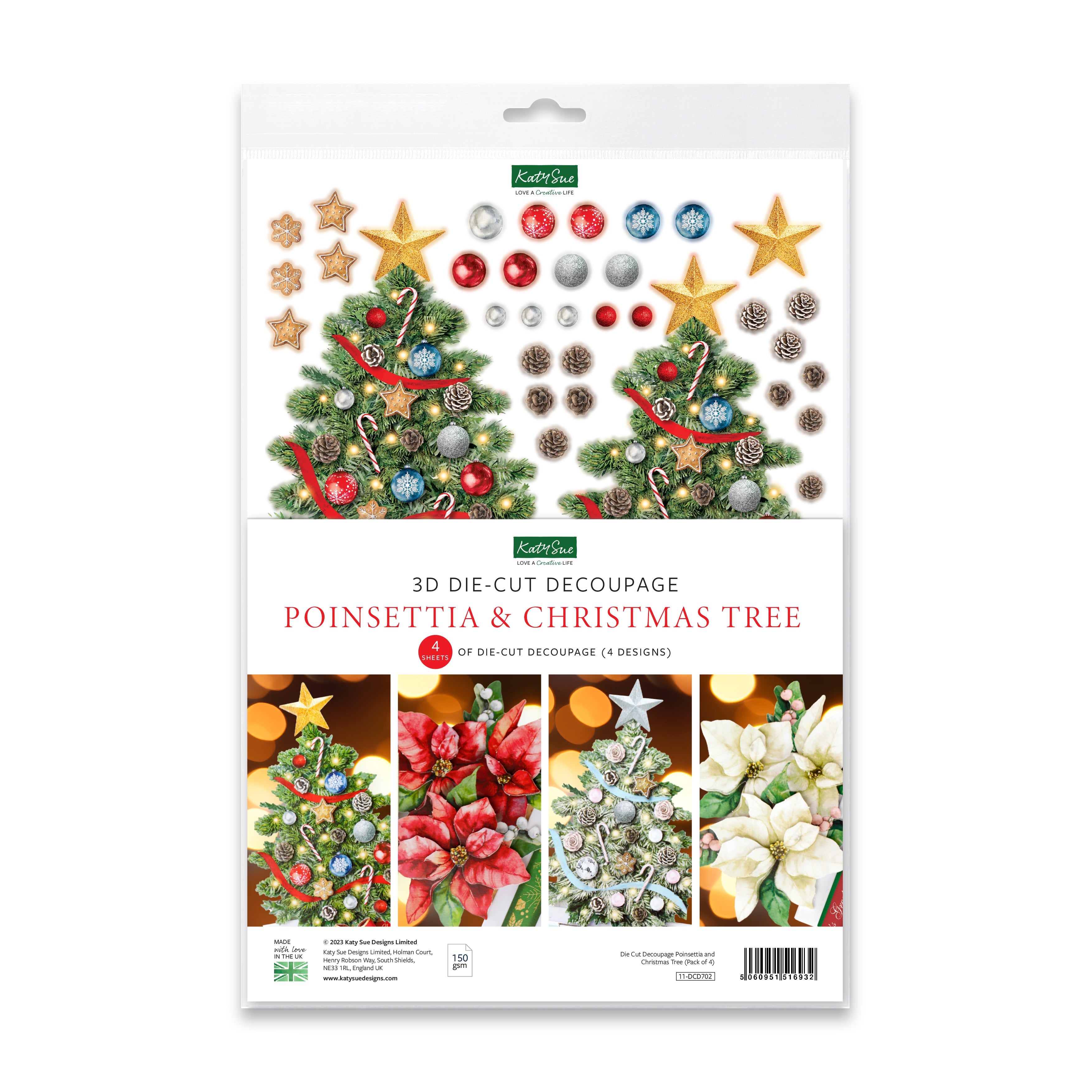 Die Cut Decoupage – Poinsettia and Christmas Tree (Pack Of 4)