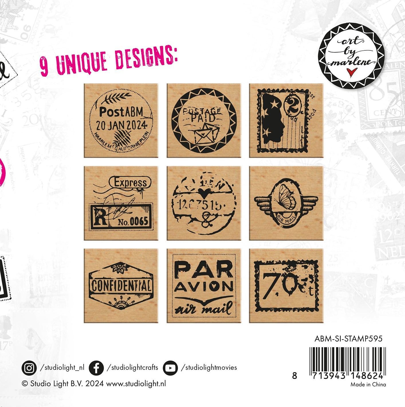 ABM Wooden Stamp Set Rubber Stamps Signature Collection 120x120x23mm 9 PC nr.595