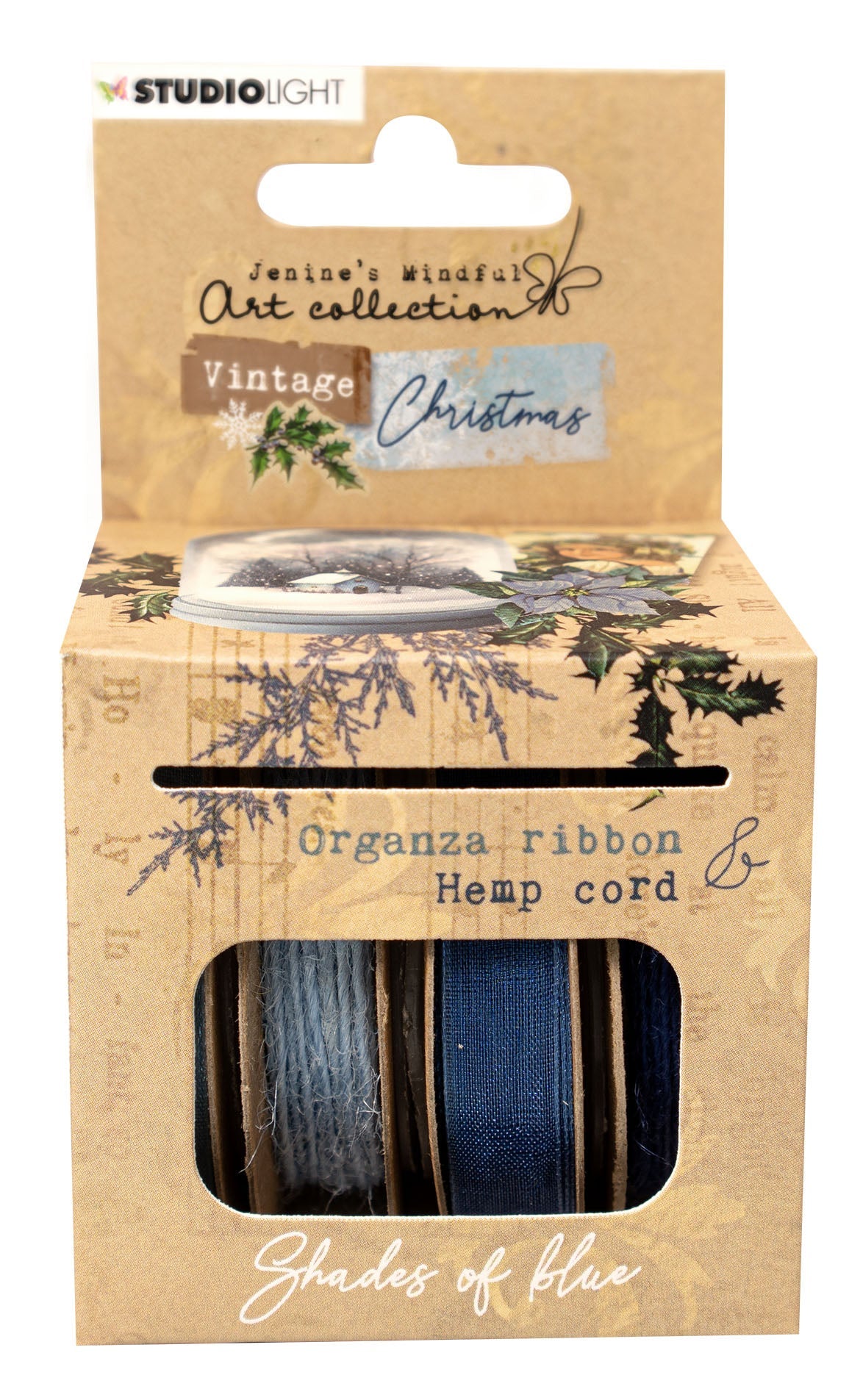 JMA Ribbon Blue Organza & Hemp Vintage Christmas 63x60x105mm 4 PC nr.03