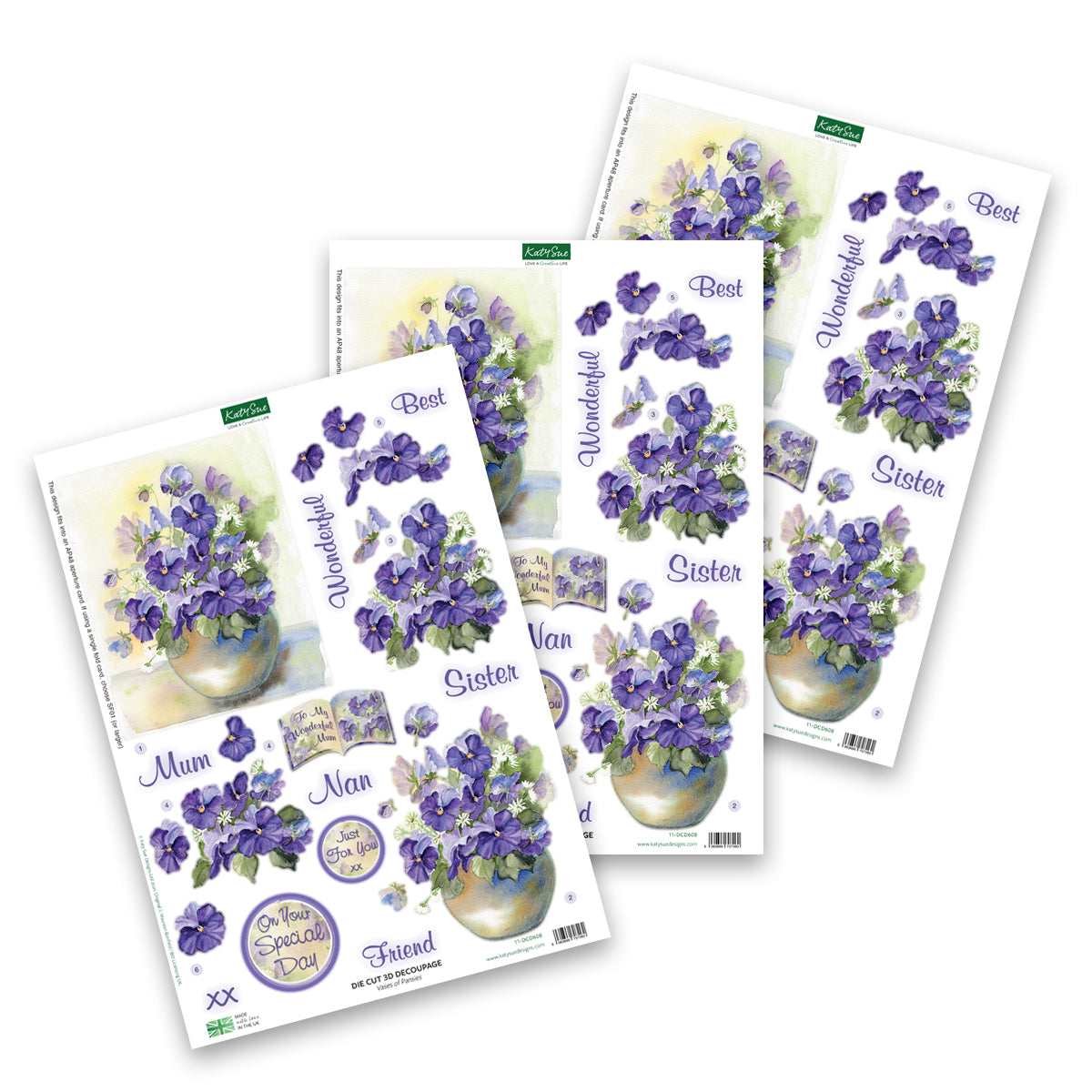 Die Cut Decoupage – Vases Of Pansies (Pack Of 3)