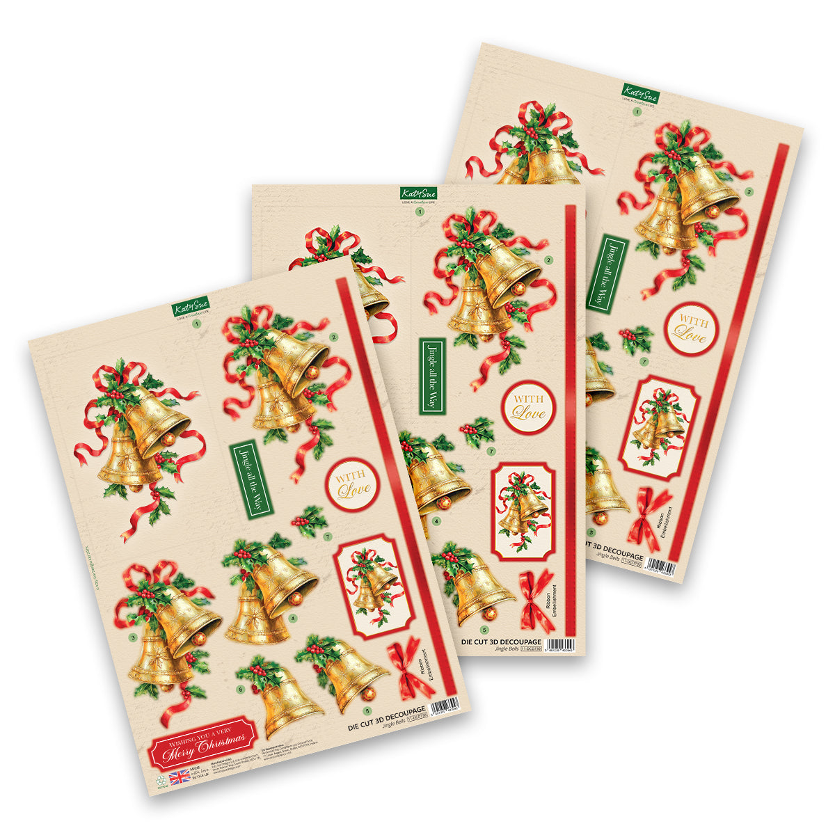 Katy Sue Designs Die Cut Decoupage – Jingle Bells (pack of 3)