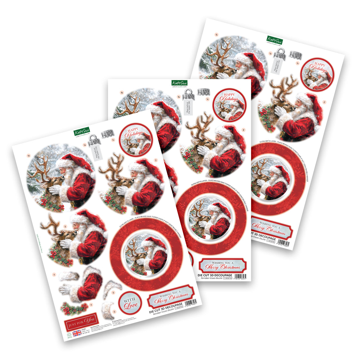 Katy Sue Designs Die Cut Decoupage – Reindeer Kisses Bauble (pack of 3)