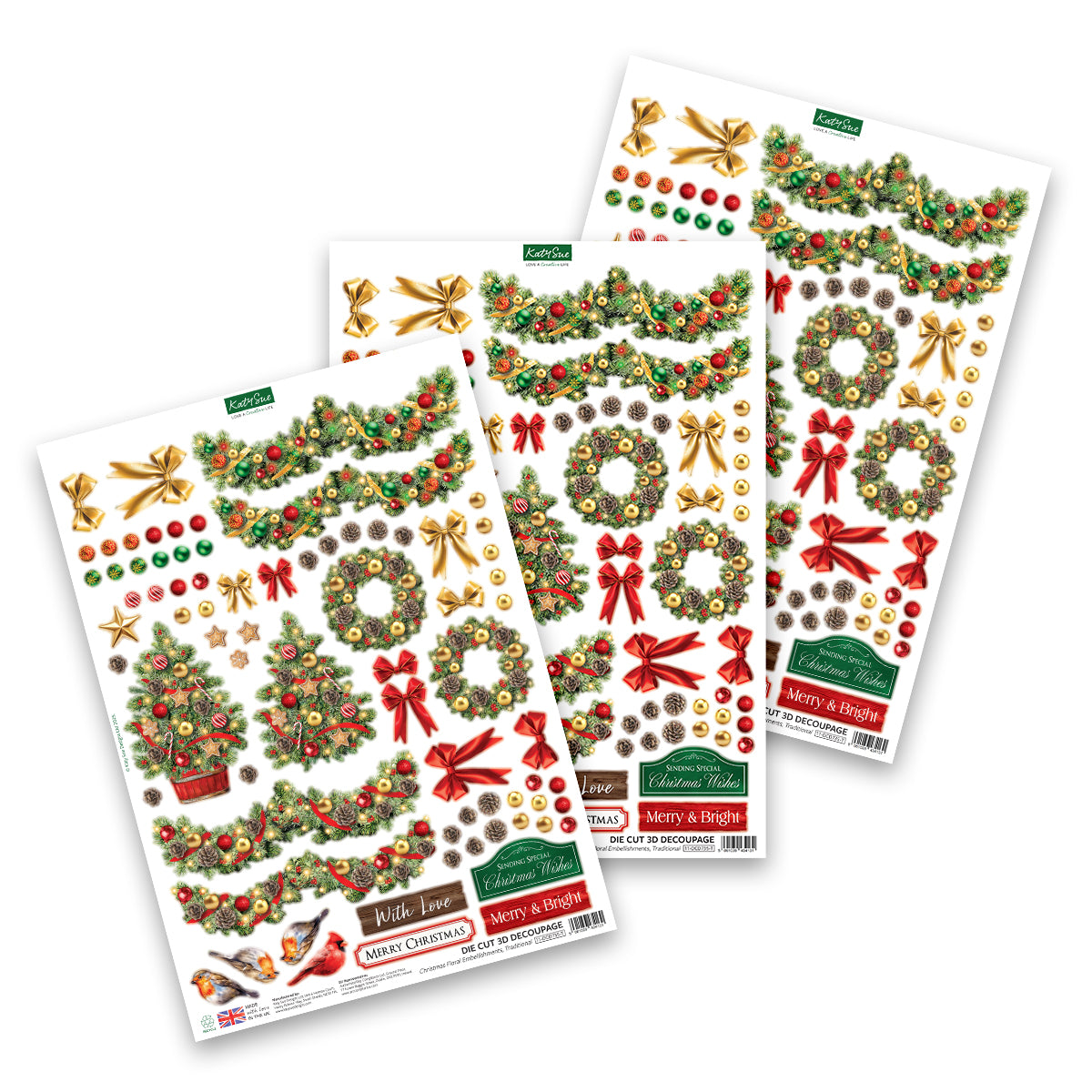 Katy Sue Die Cut Decoupage – Christmas Floral Embellishments, Traditional (pack of 3)
