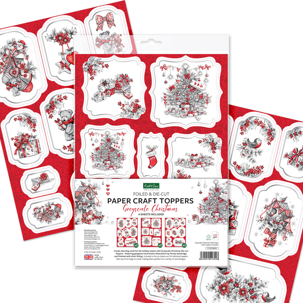 Greyscale Christmas Foiled Paper Craft Toppers, 6 sheets