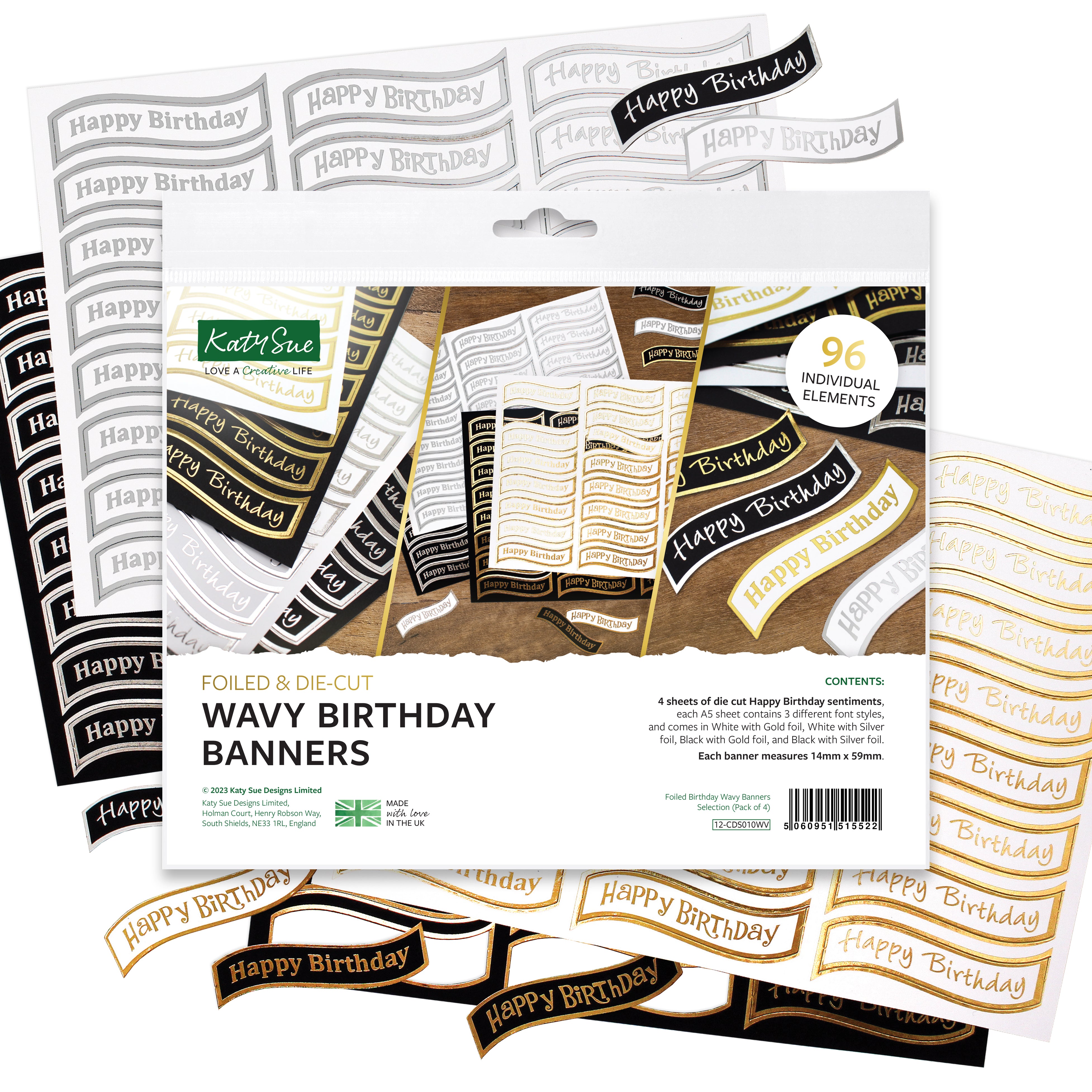 Foiled Birthday Wavy Banners Selection, Pack of 4