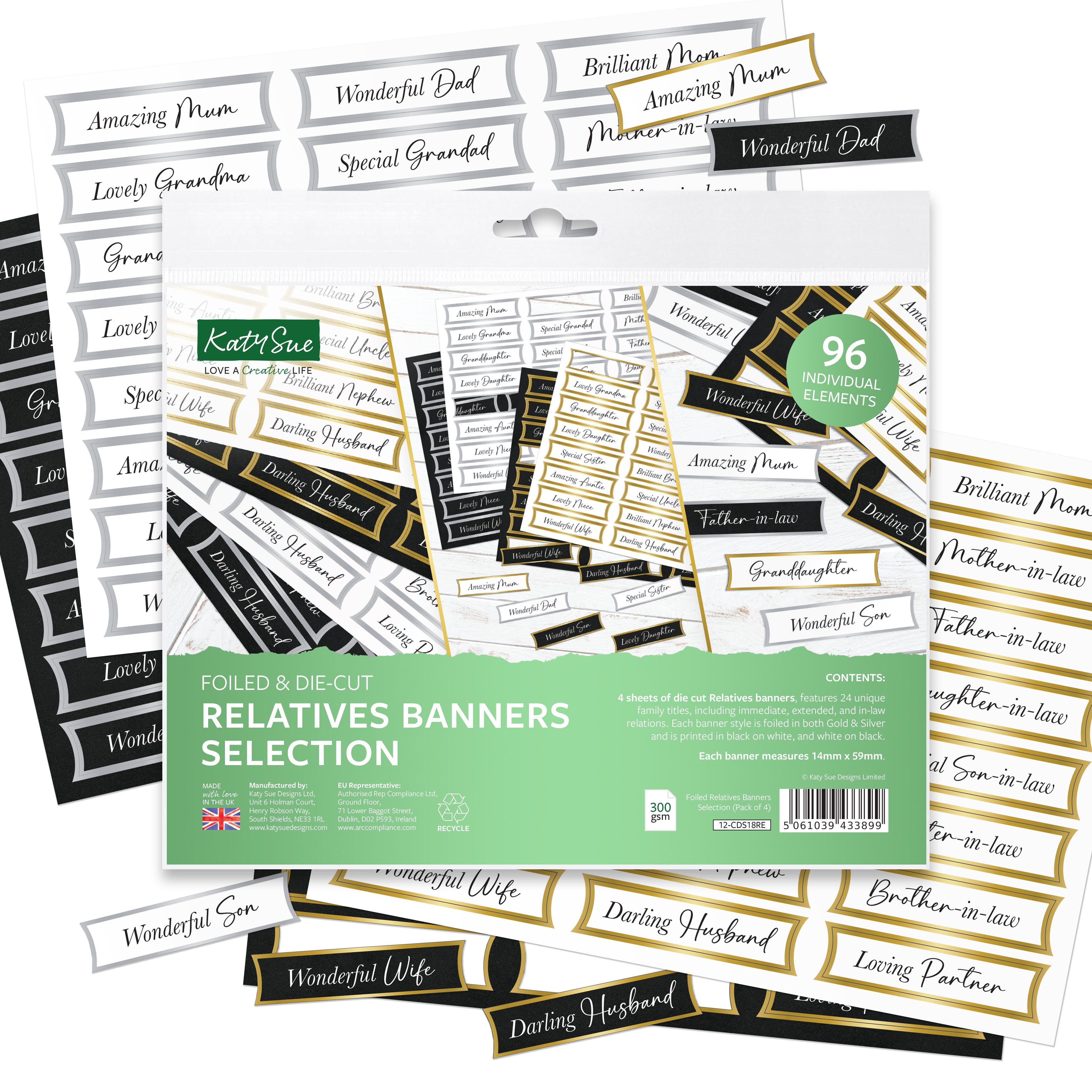 Foiled Relatives Banners Selection, 96 Sentiments