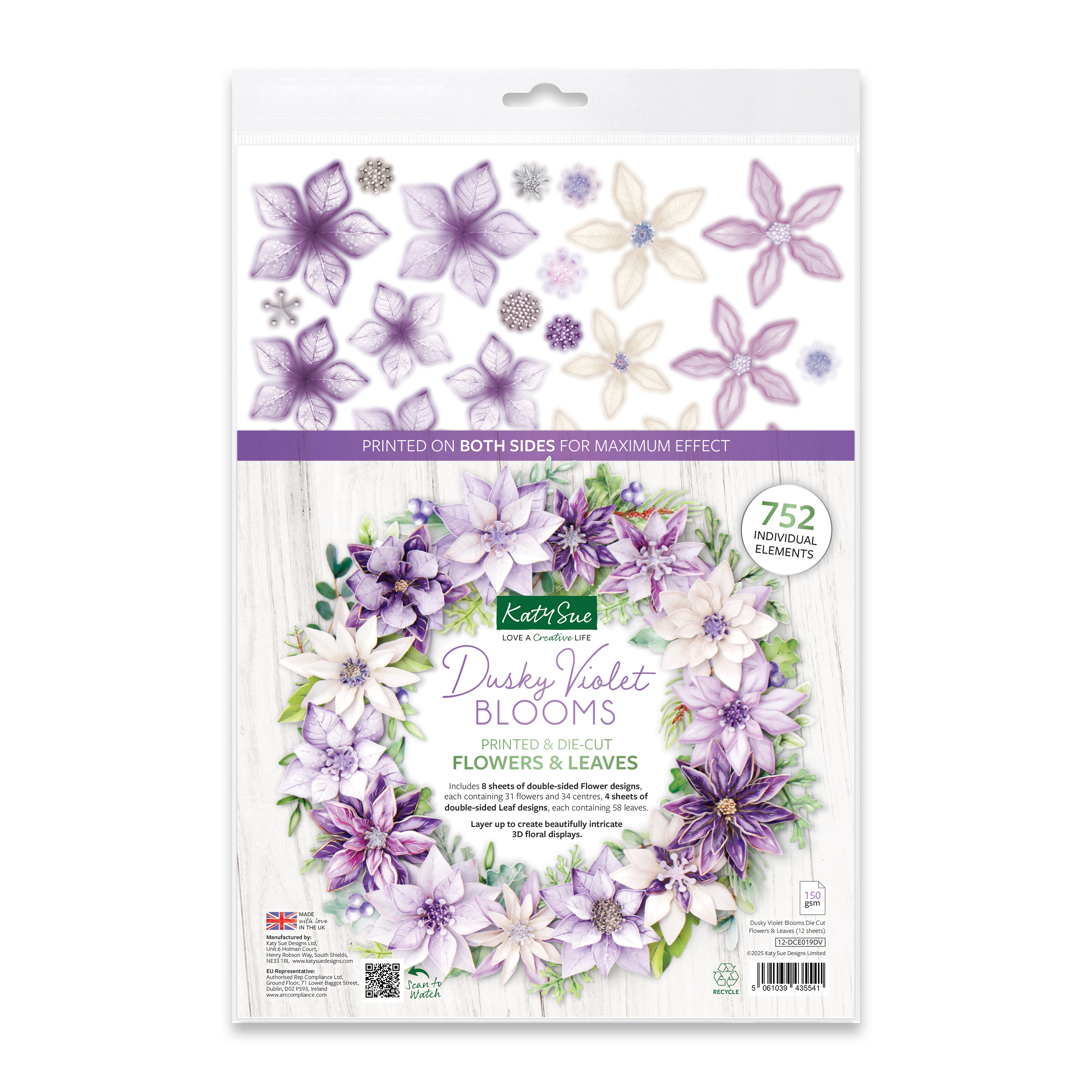 Dusky Violet Blooms, Die Cut Flowers & Leaves, 12 sheets