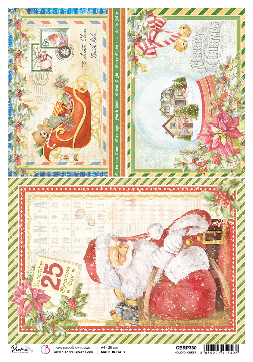Ciao Bella Rice Paper A4 Piuma Holiday Cheer - 5 Sheets