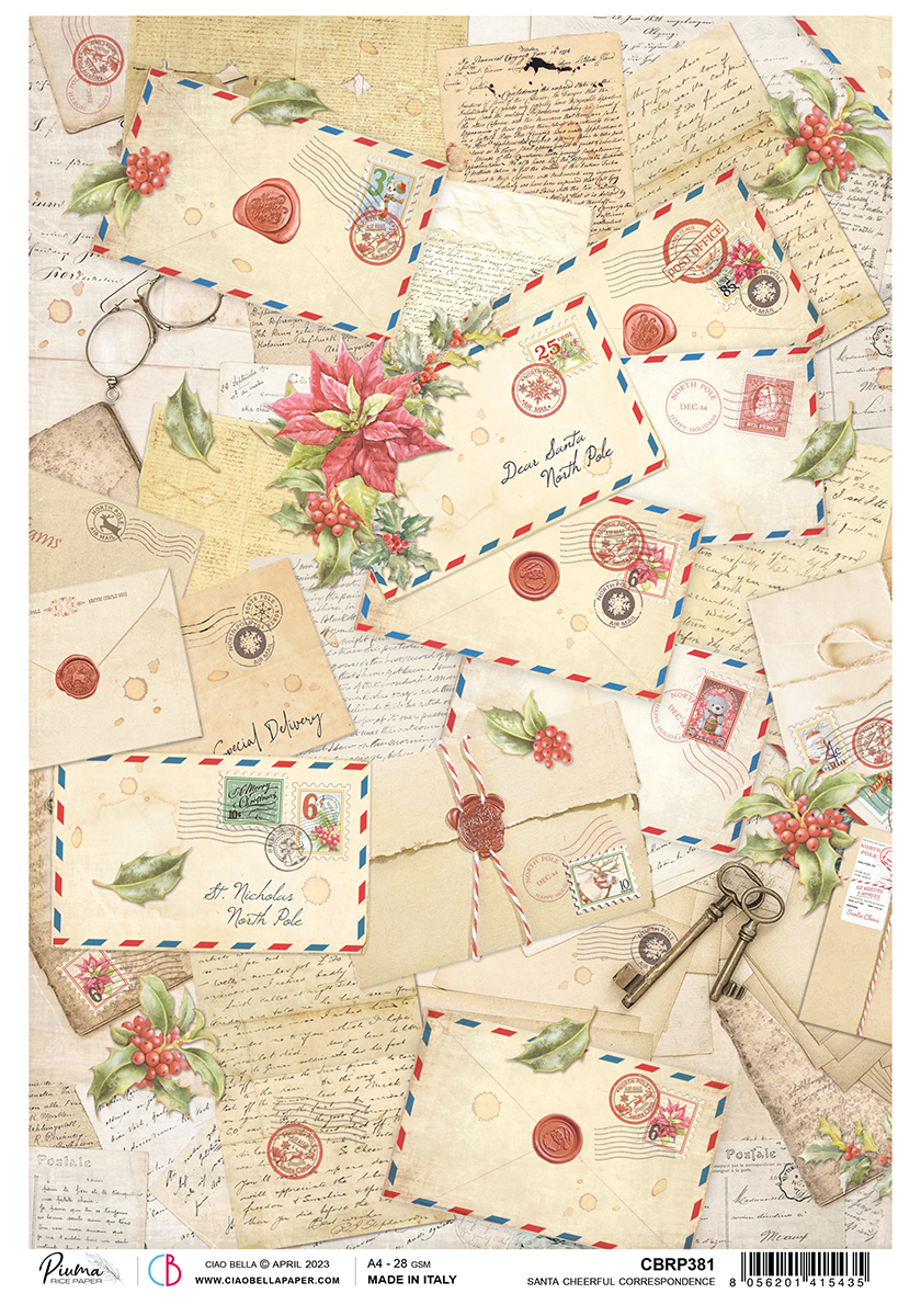 Ciao Bella Rice Paper A4 Piuma Santa Cheerful Correspondence - 5 Sheets