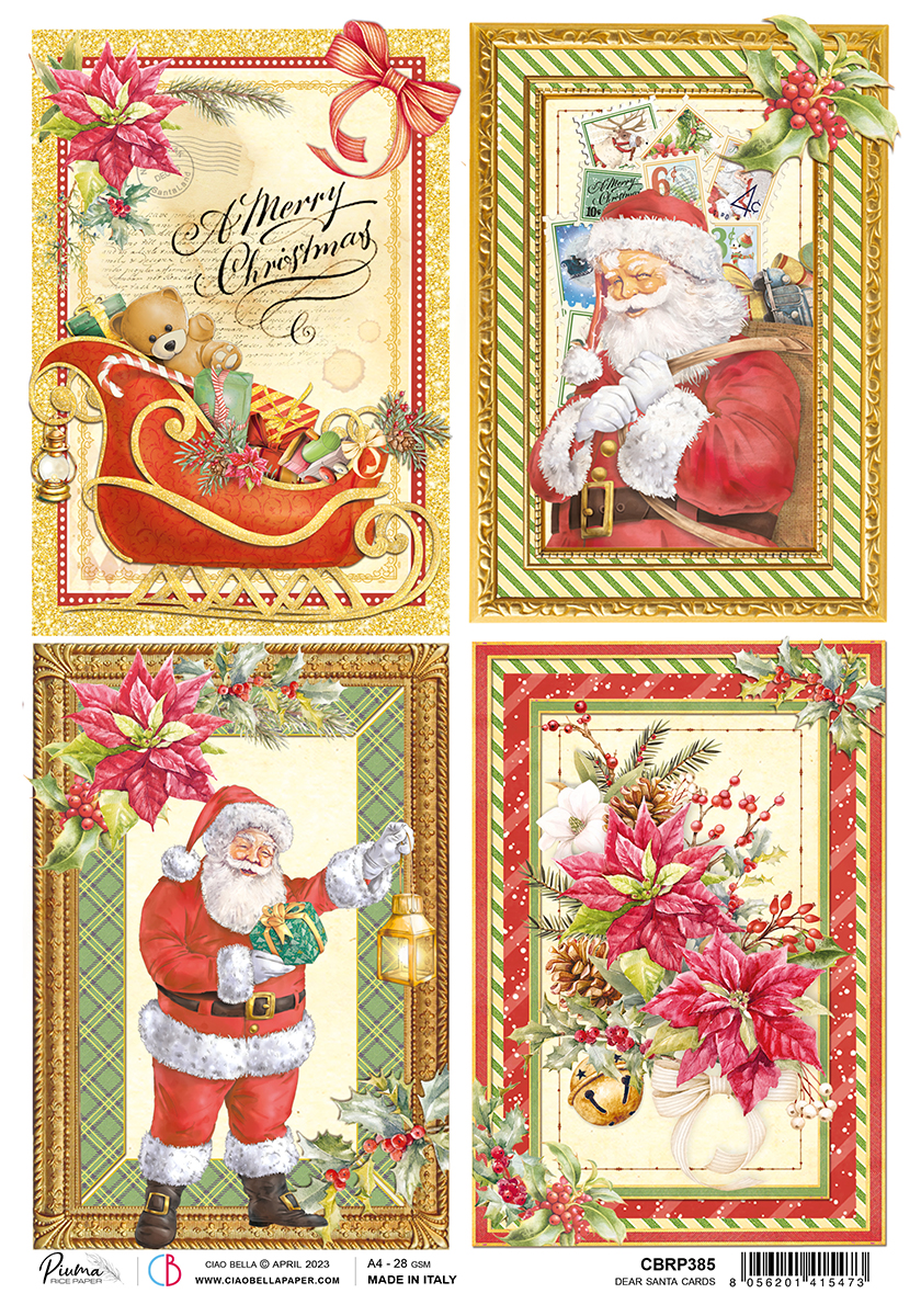 Ciao Bella Rice Paper A4 Piuma Dear Santa Cards - 5 Sheets