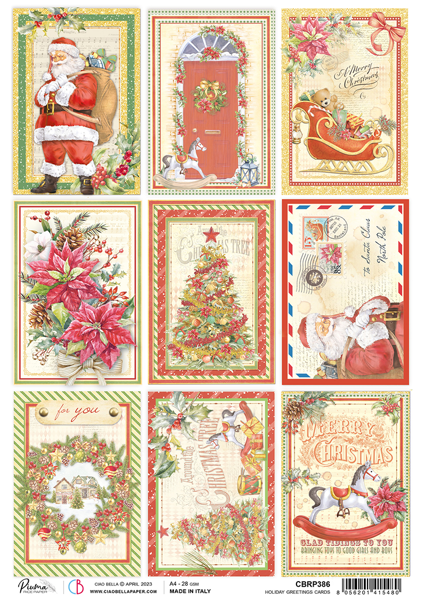Ciao Bella Rice Paper A4 Piuma Holiday Greetings Cards - 5 Sheets