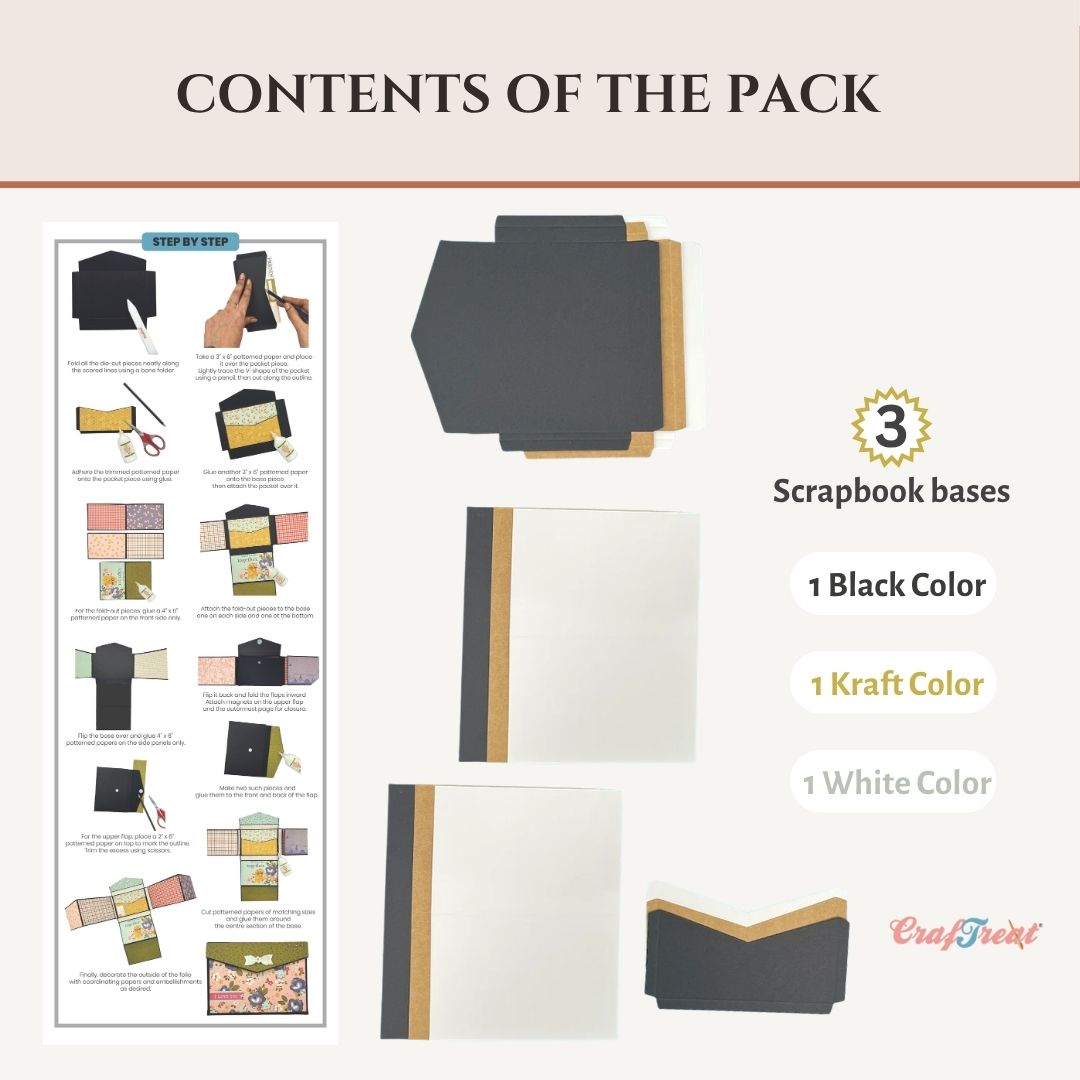 CrafTreat Scrapbook Blank Quick Folio - Envelope Fold Up Folio - Black, White, Kraft