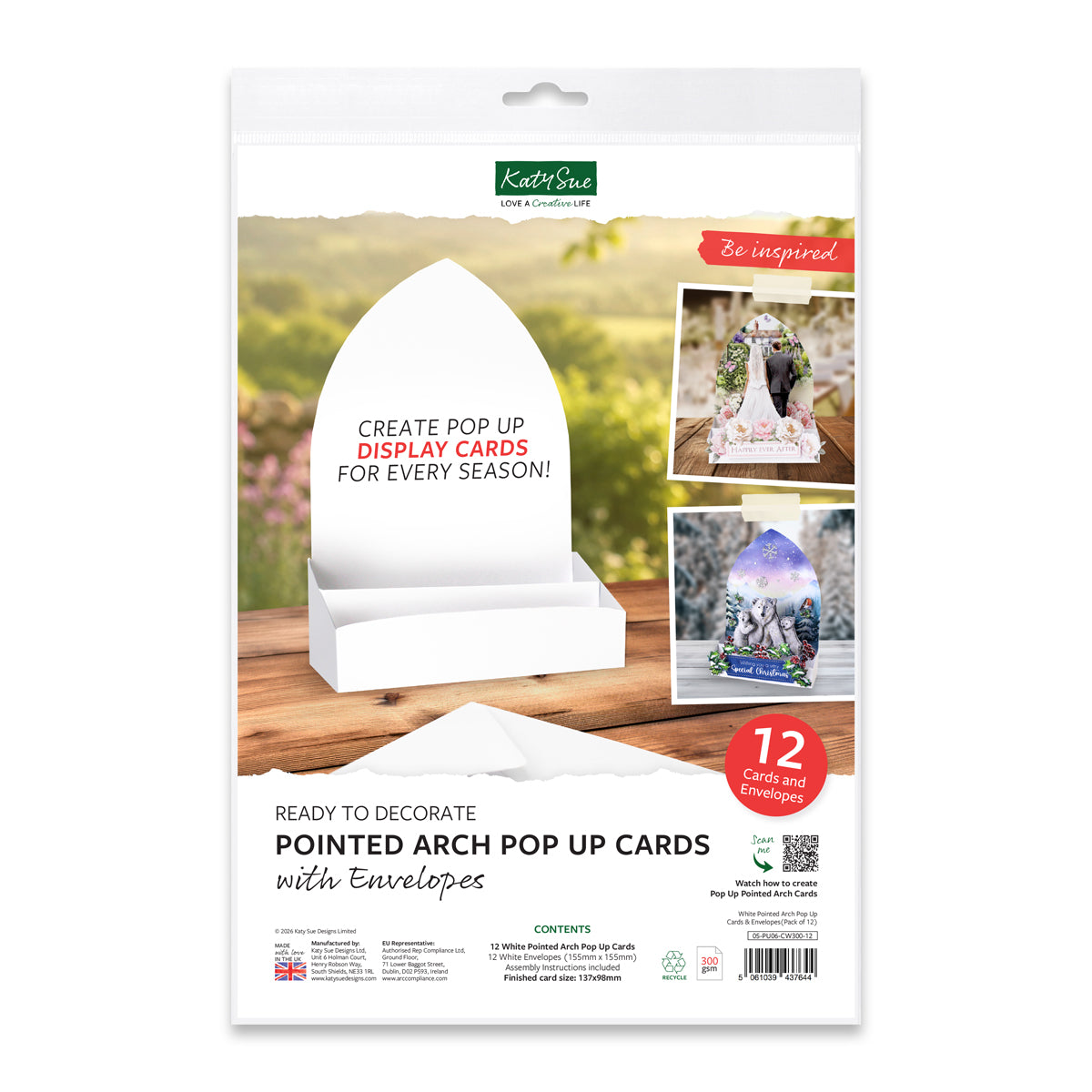 White Pointed Arch Pop Up Cards & Envelopes 137x98mm, Pack of 12