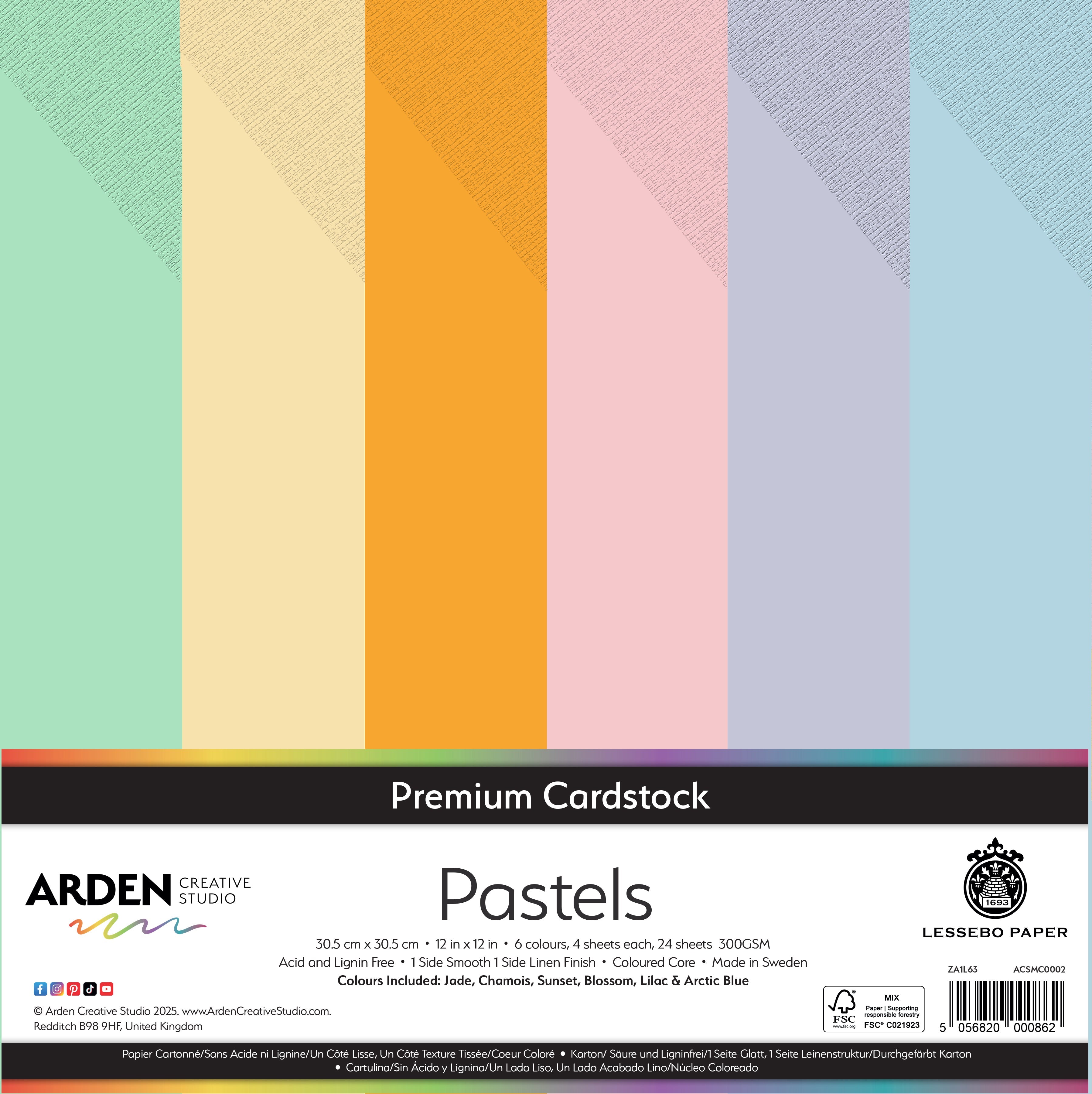 Arden Creative Studio Premium Cardstock Pastels 12in x 12in 300gsm 24 Pack