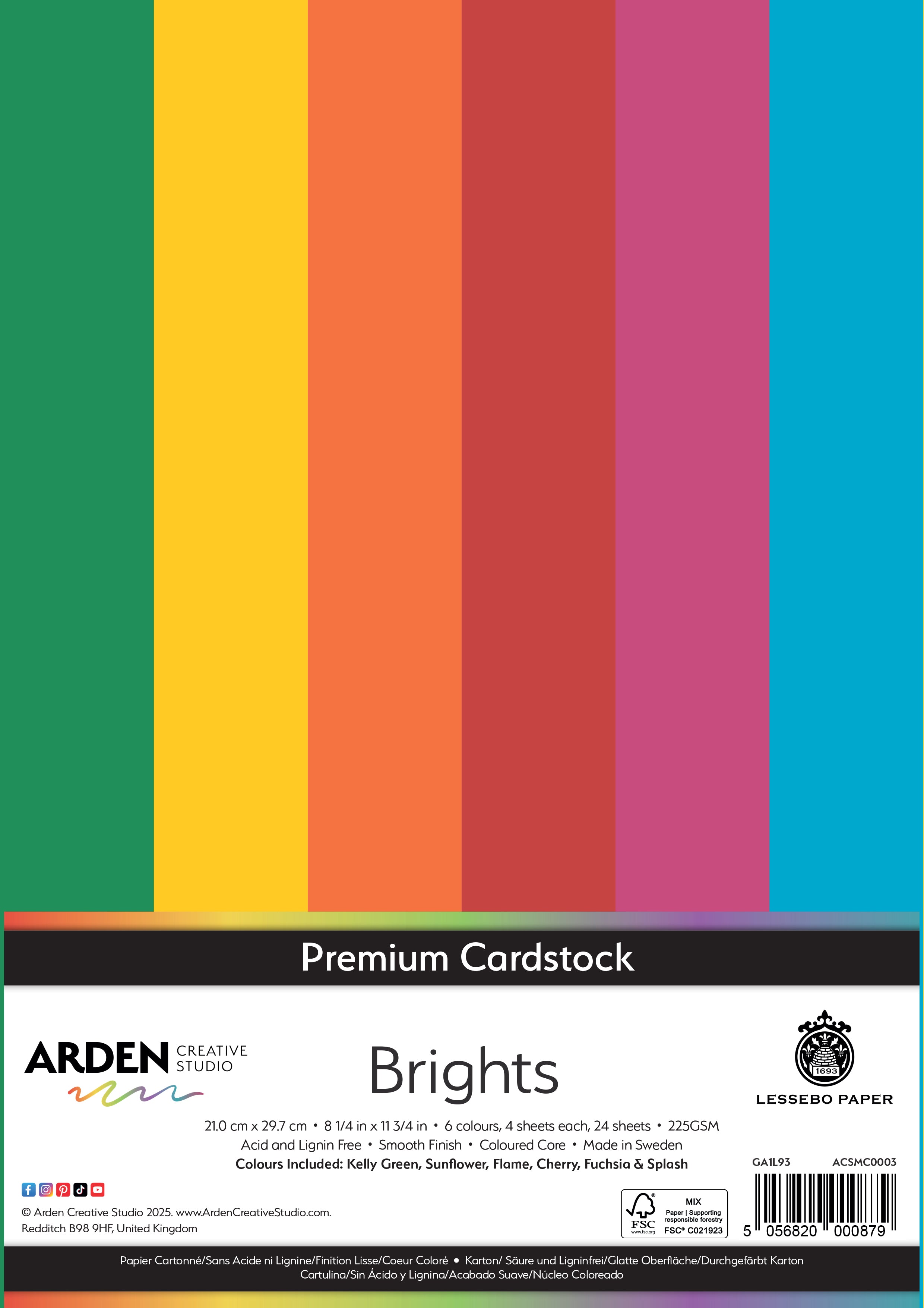 Arden Creative Studio Premium Cardstock Brights A4 225gsm 24Pack