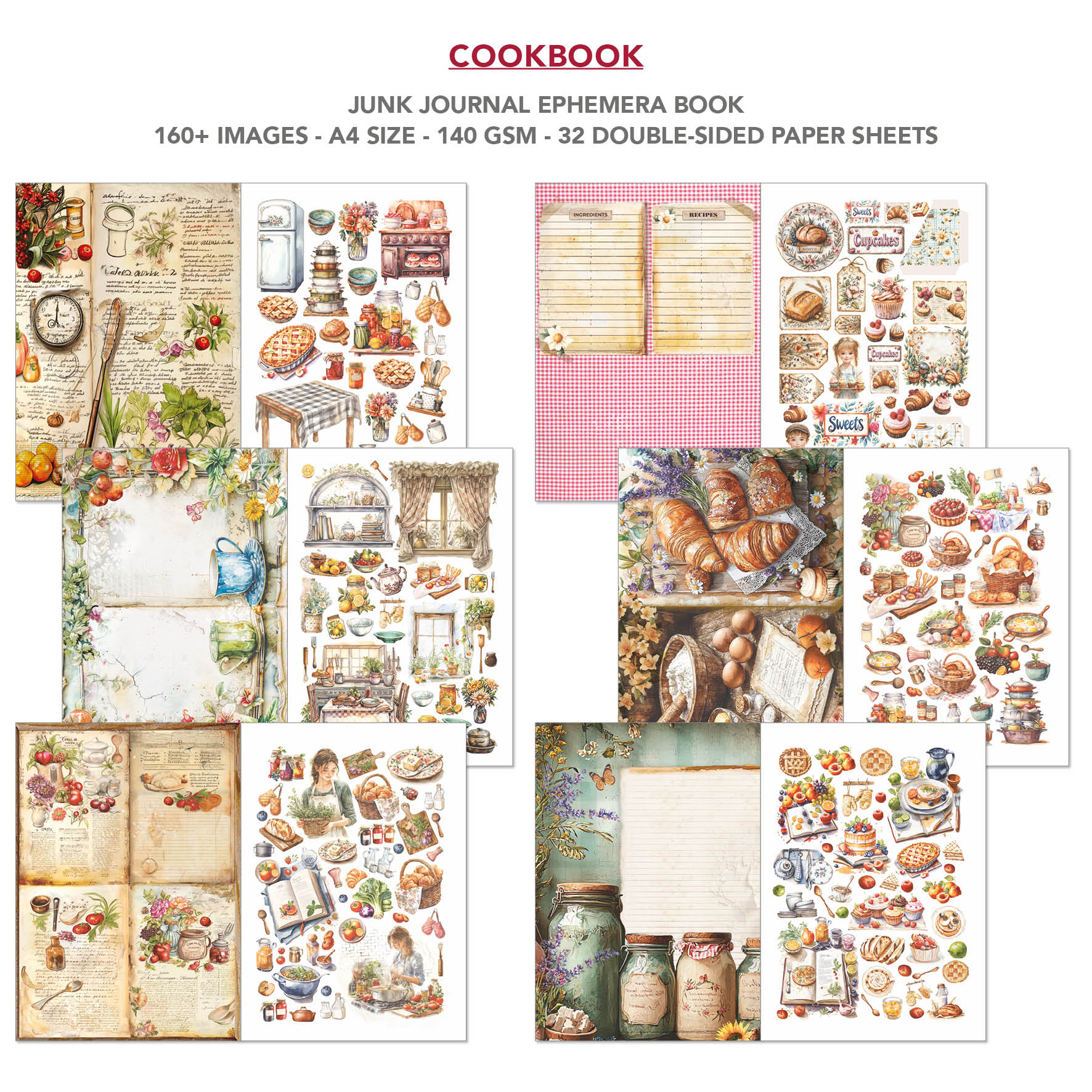 Cookbook Junk Journal & Ephemera Book A4 32/Pkg
