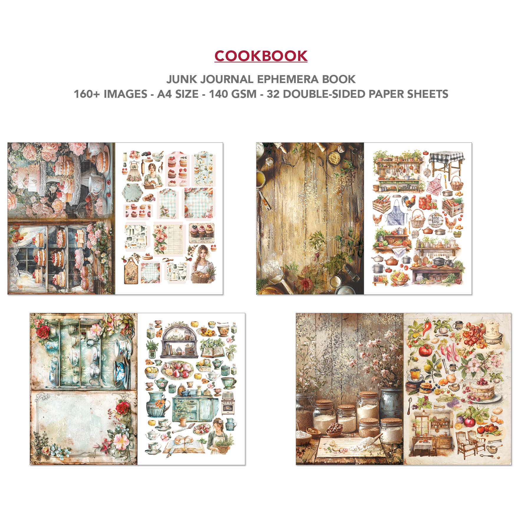Cookbook Junk Journal & Ephemera Book A4 32/Pkg