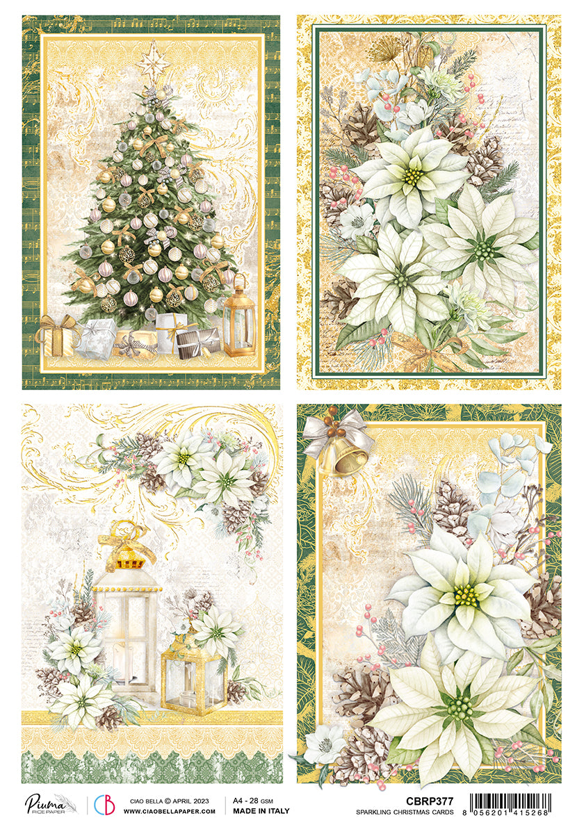 Ciao Bella Rice Paper A4 Piuma Sparkling Christmas Cards - 5 Sheets