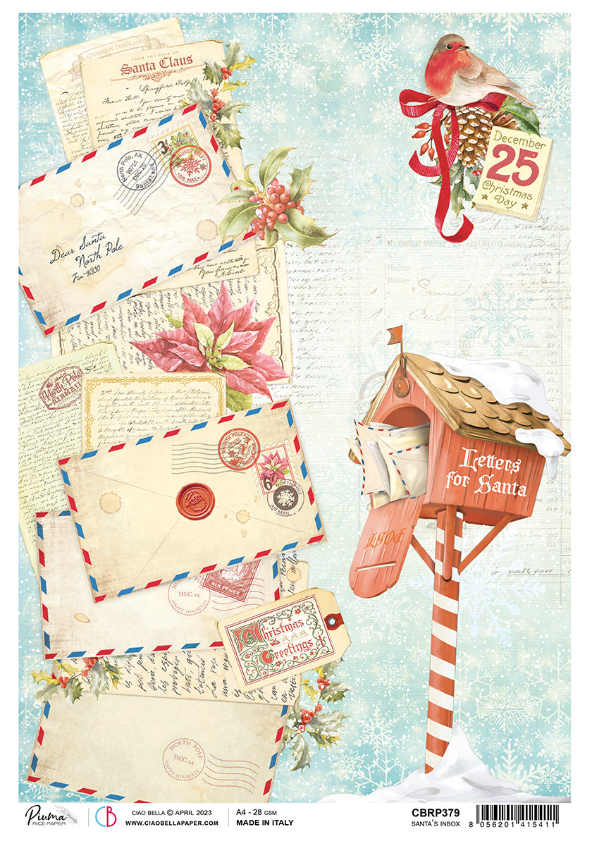 Ciao Bella Rice Paper A4 Piuma Santa's Inbox - 5 Sheets