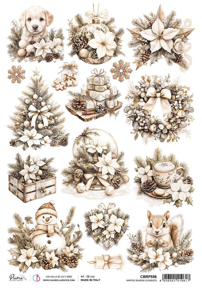 Rice Paper A4 Winter Season Elements - 5 Sheets