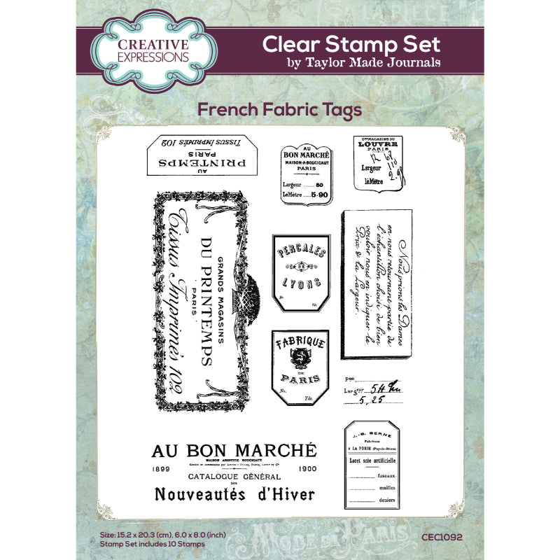 Creative Expressions Taylor Made Journals French Fabric Tags 6 in x 8 in Clear Stamp Set