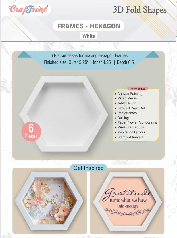 CrafTreat 3D Fold Shapes - Frames White - Hexagon 6pcs